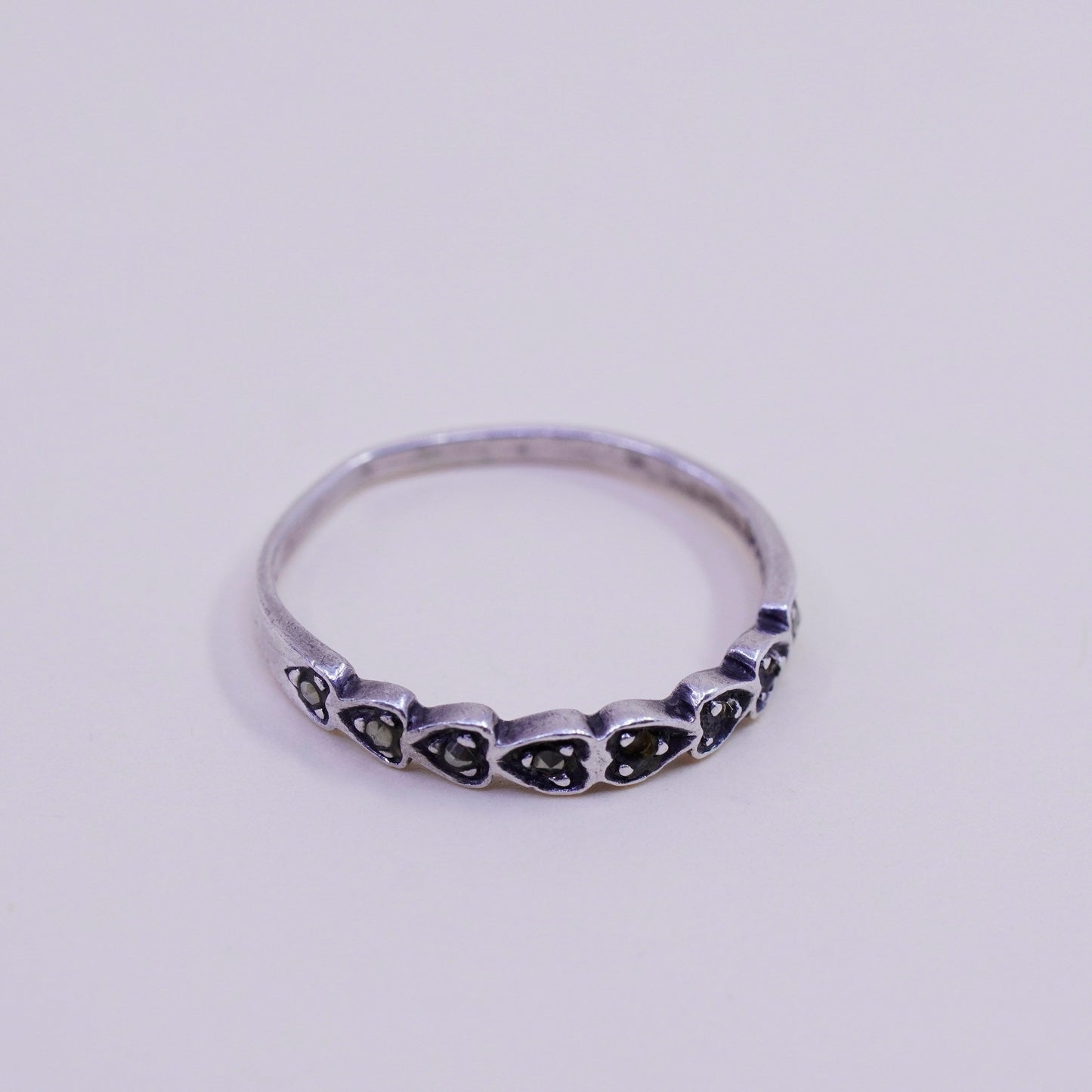 Size 7.25, Vintage Sterling 925 silver handmade ring with marcasite detail band