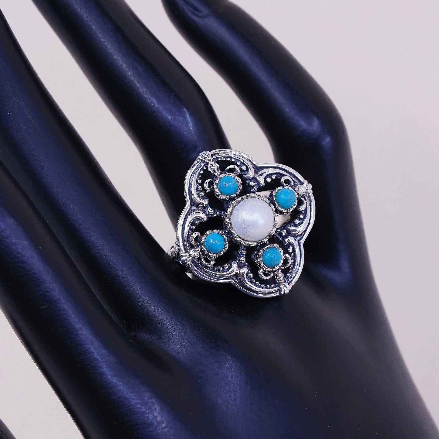 sz 9.5, vintage GSJ Sterling silver handmade ring, 925 w/ turquoise N pearl