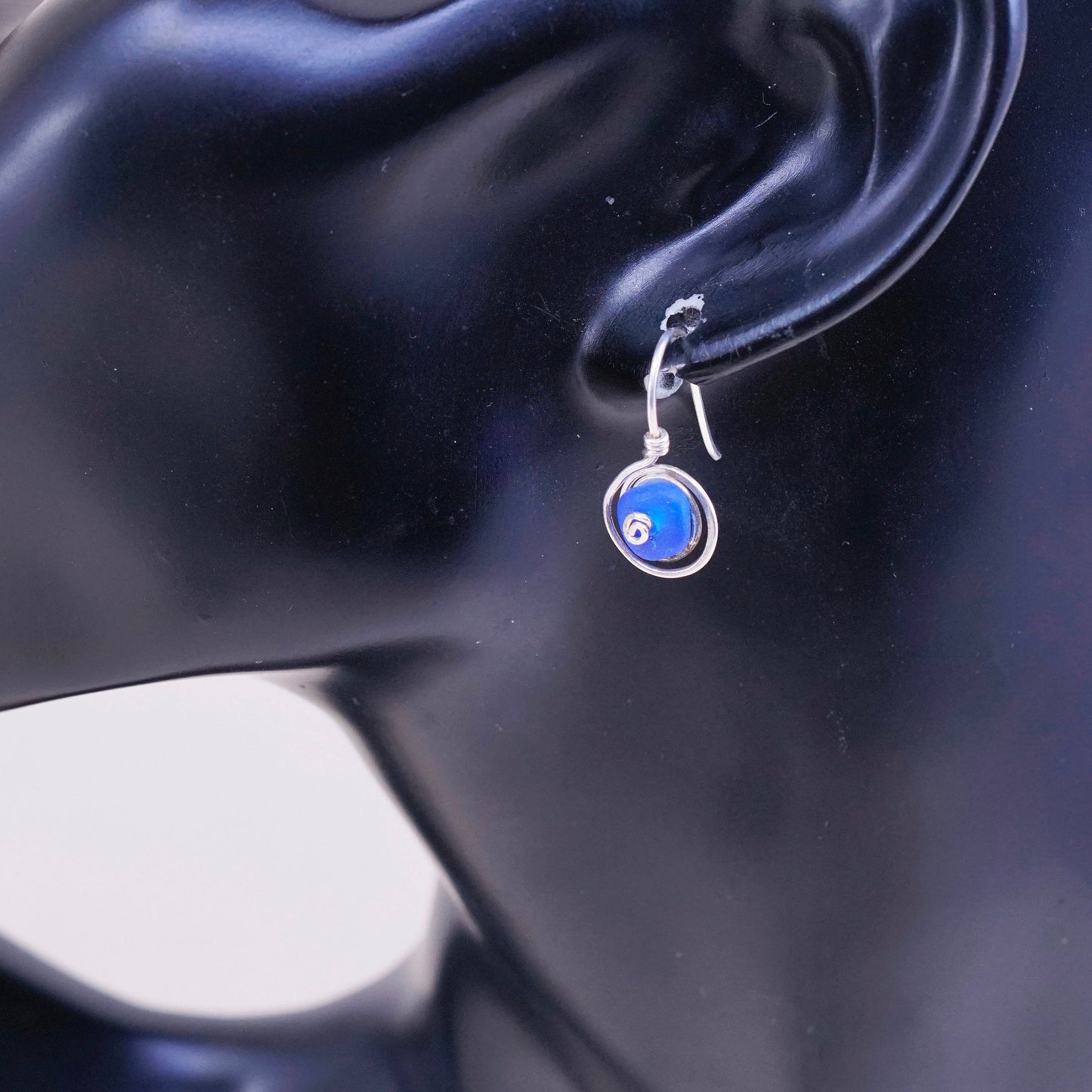 vtg Sterling silver handmade earrings, 925 swirl with blue glass drops