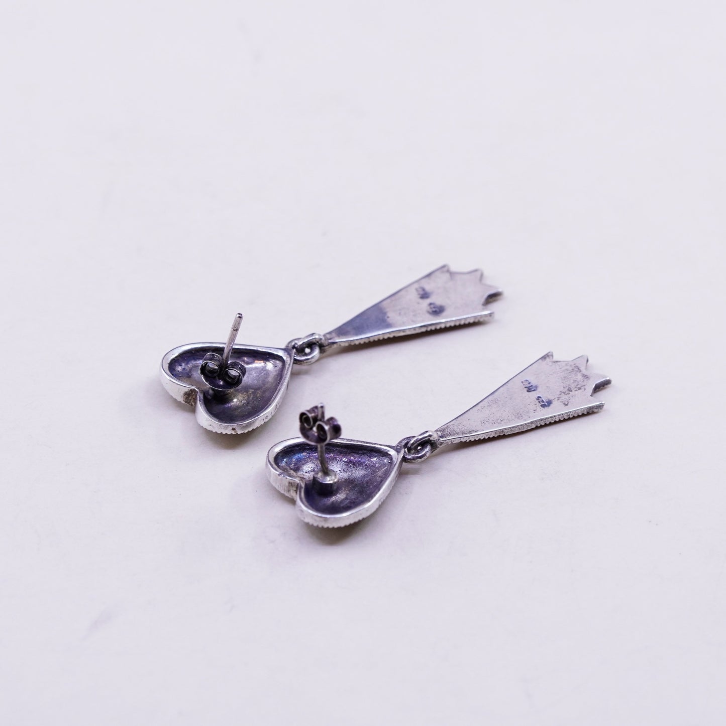 Vintage Sterling 925 silver handmade heart earrings with Marcasite