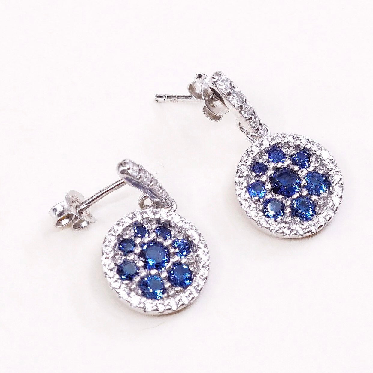 VTG Sterling silver handmade earrings, 925 circle dangles w/ blue crystal