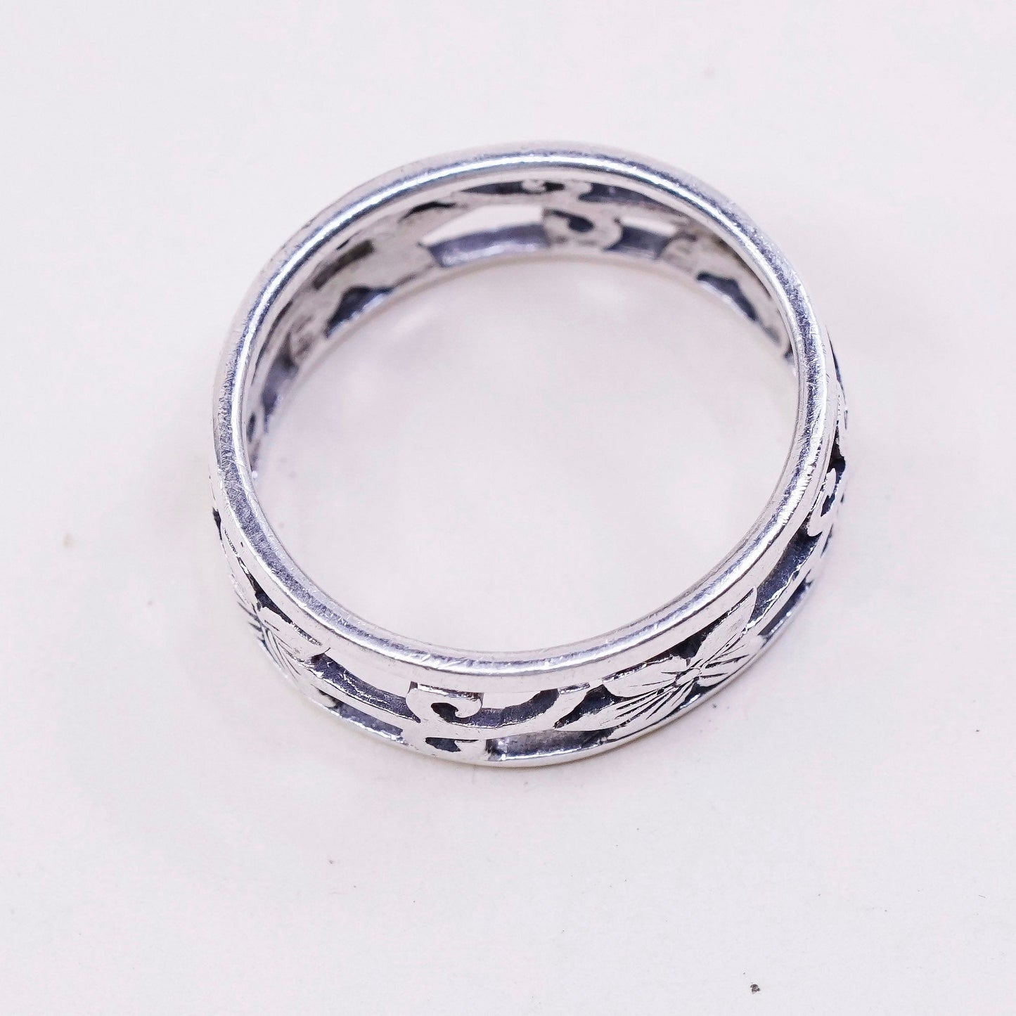 sz 4.75, vtg sterling silver handmade ring, 925 band w/ floral filigree