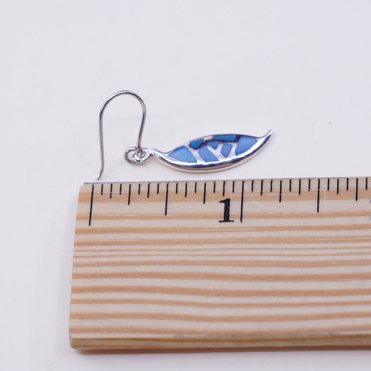 Vintage sterling 925 silver handmade earrings with blue mother of pearl drop, stamped 925