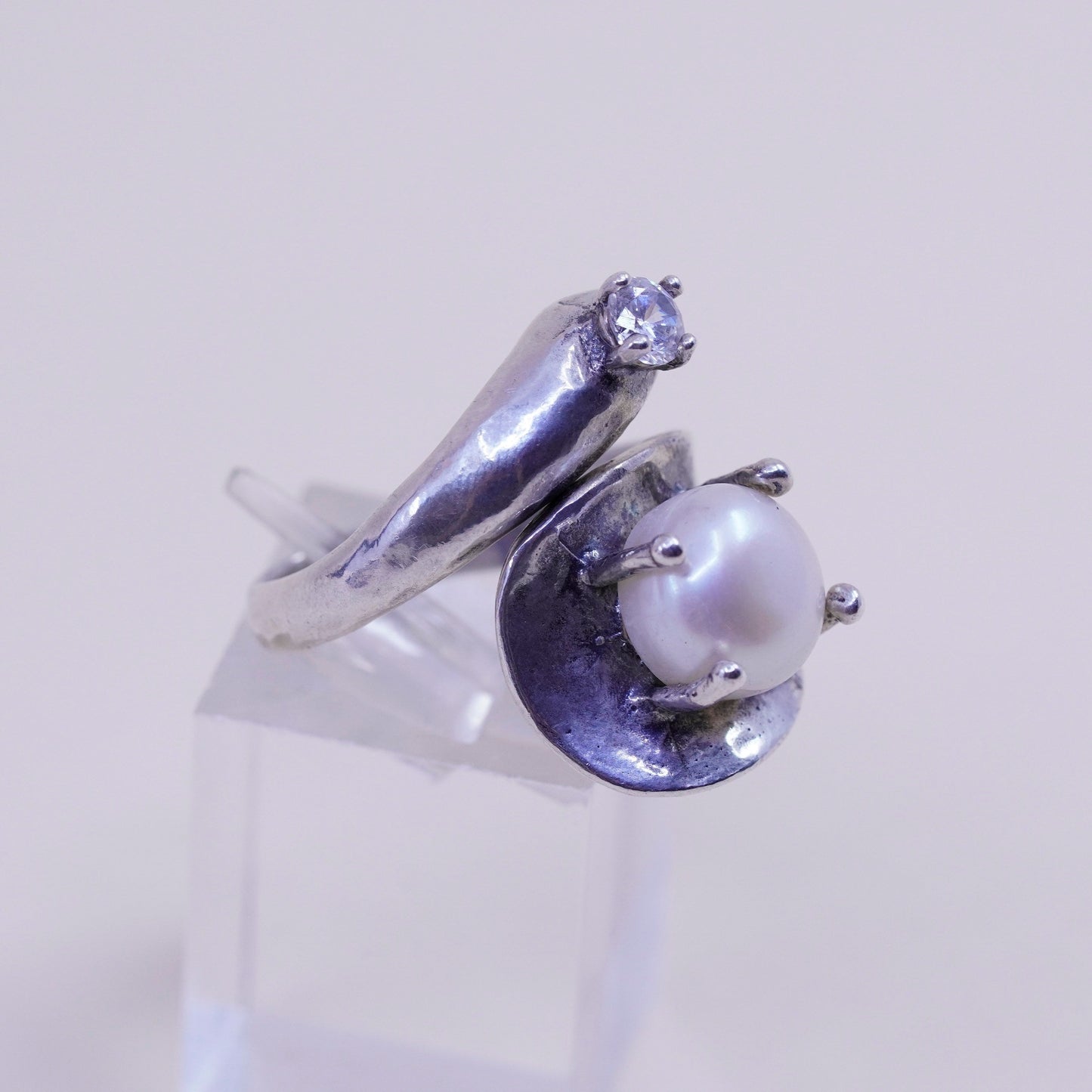Size 7, vintage Sterling silver handmade ring, modern 925 band with pearl cz