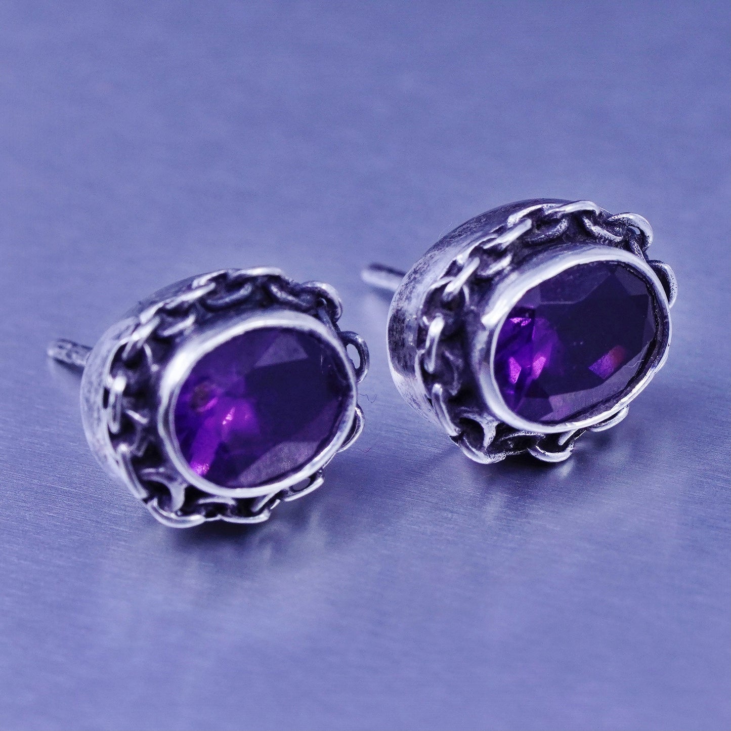 Vintage Sterling 925 silver handmade earrings, studs with amethyst