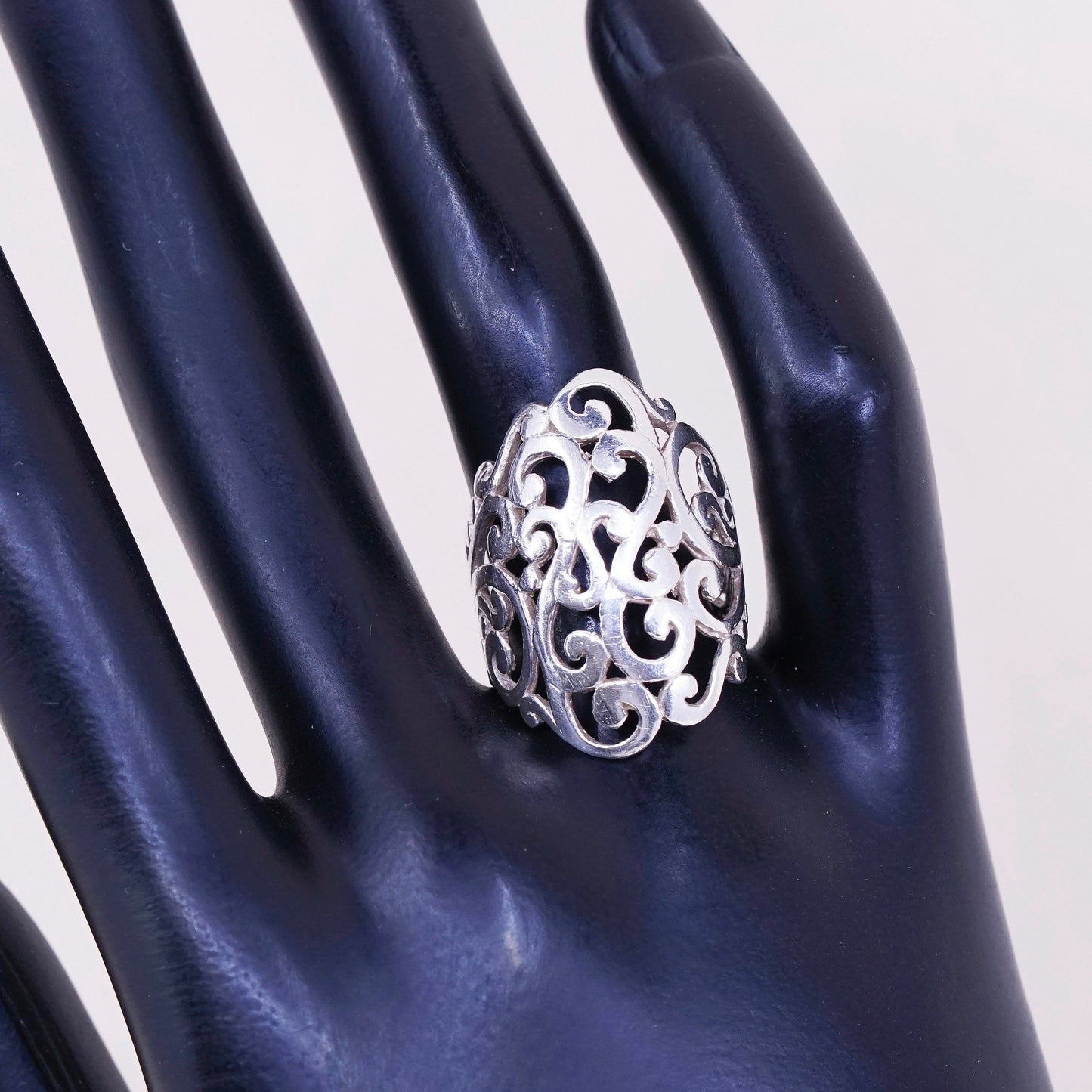 sz 5.5, vtg Sterling silver handmade ring, 925 wide band w/ Filigree swirl