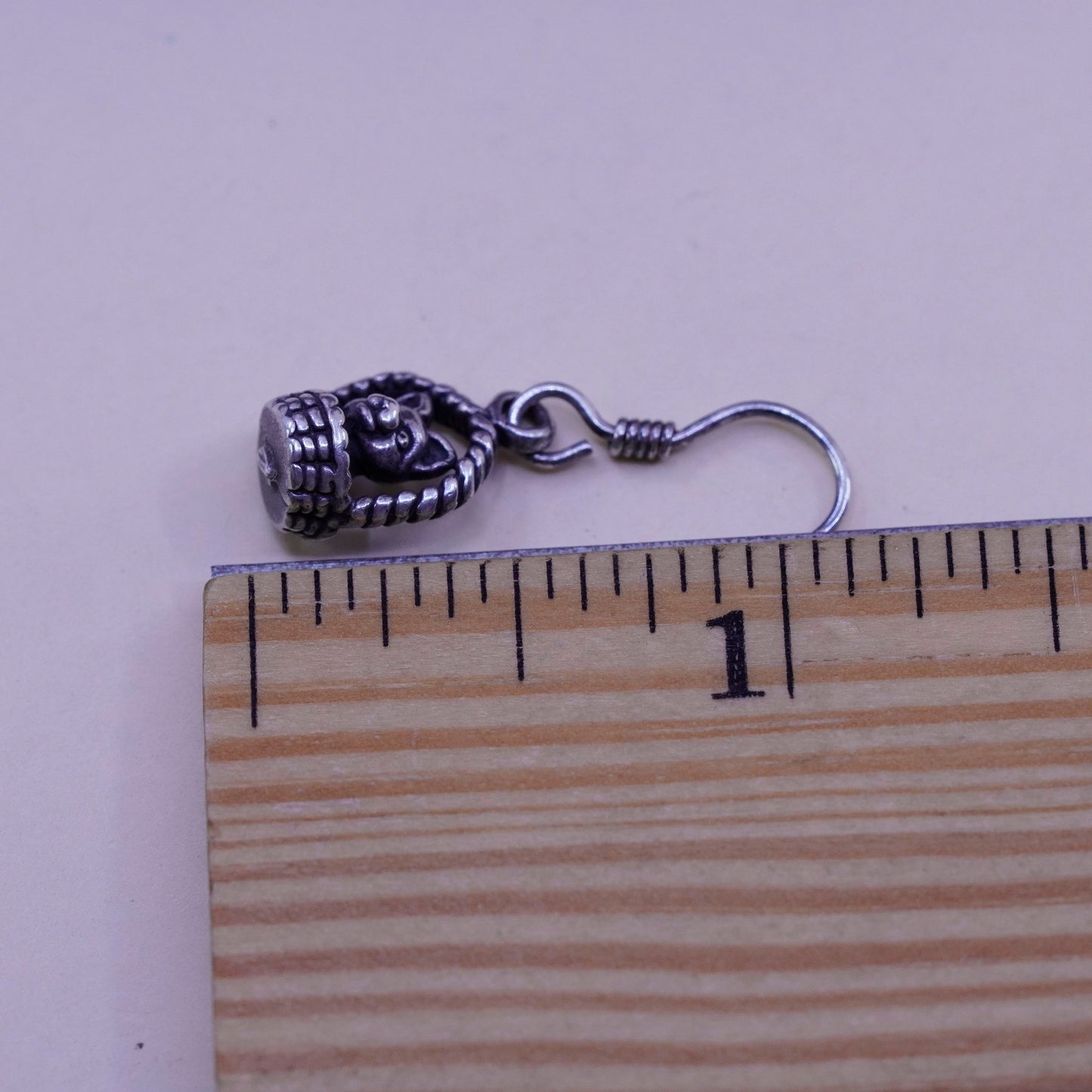 Vintage sterling silver handmade earrings, 925 dog puppy in basket dangles