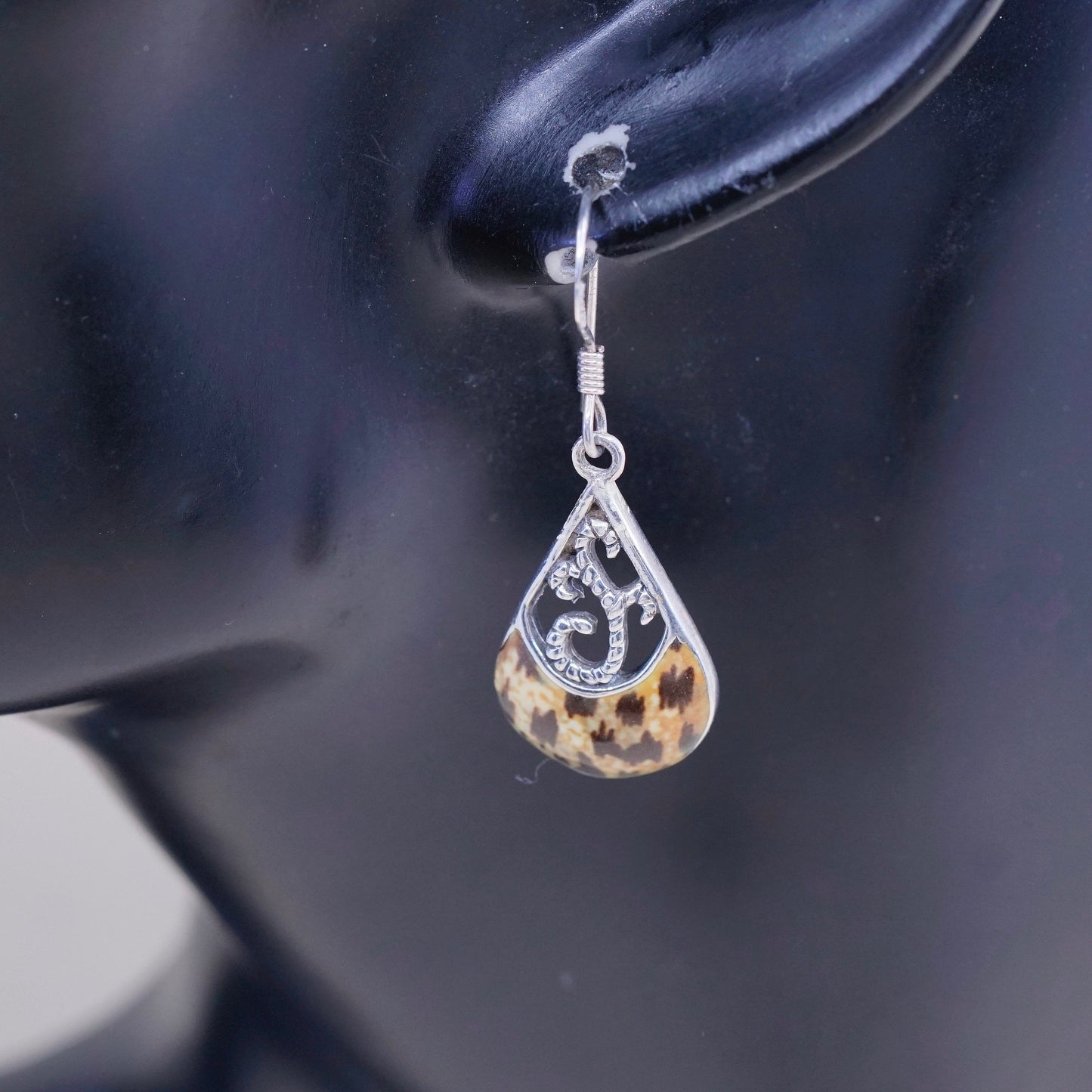Vintage THA sterling 925 silver handmade teardrop shaped earrings with jasper