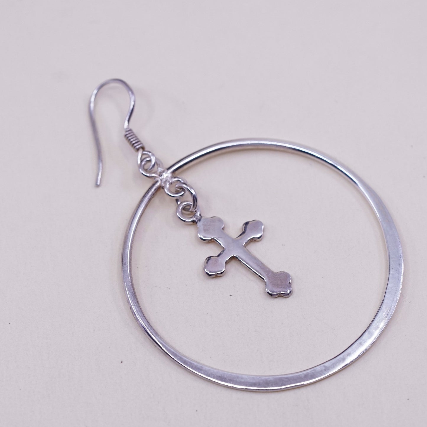 Vintage Sterling silver handmade earrings, huge 925 hoops with cross charms