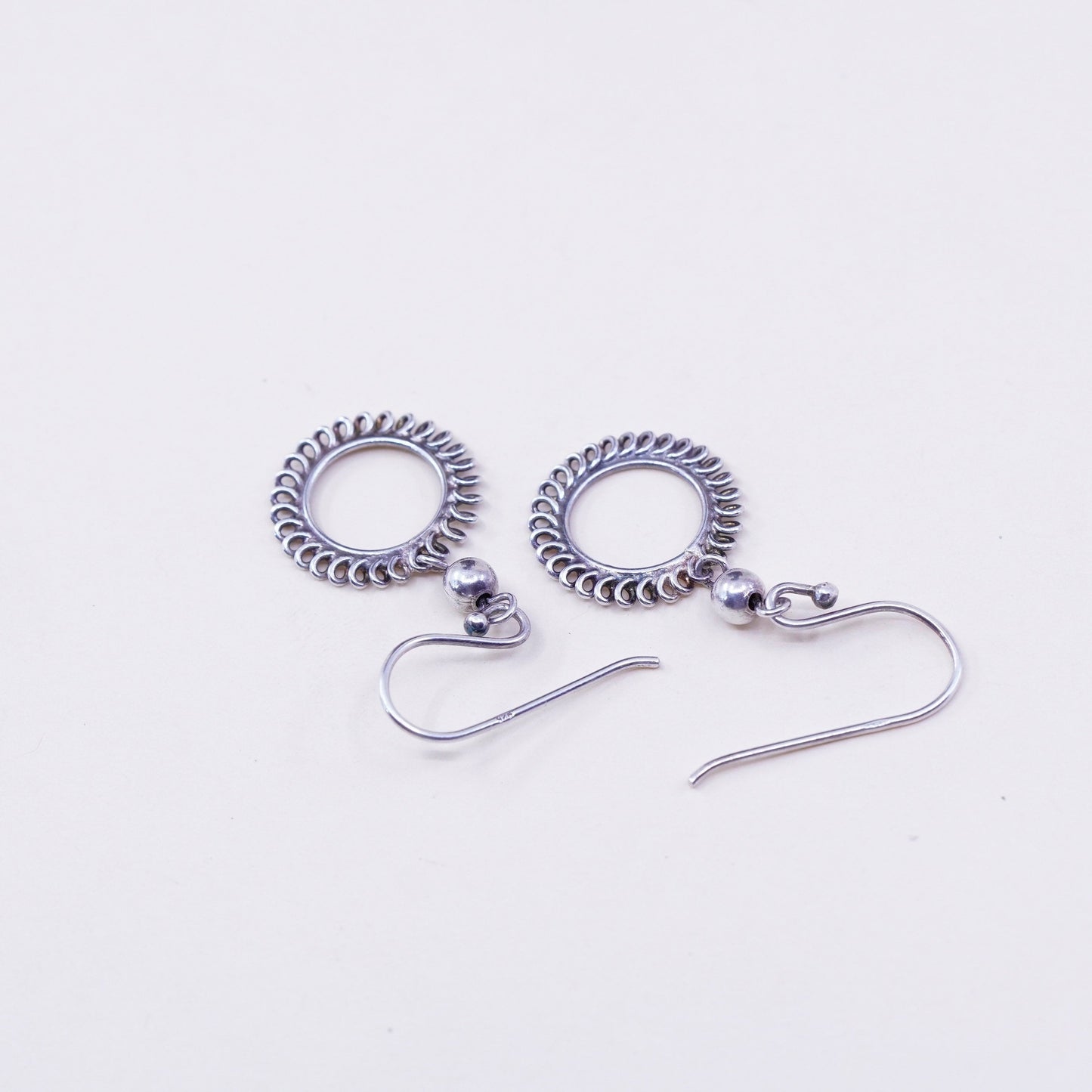 Vintage sterling silver handmade earrings, 925 textured circles dangle