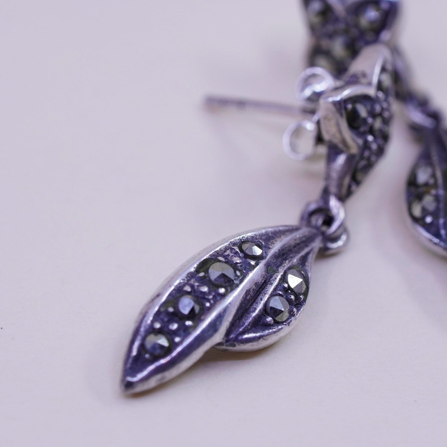 Vintage Sterling silver handmade earrings, 925 clover leaf with marcasite