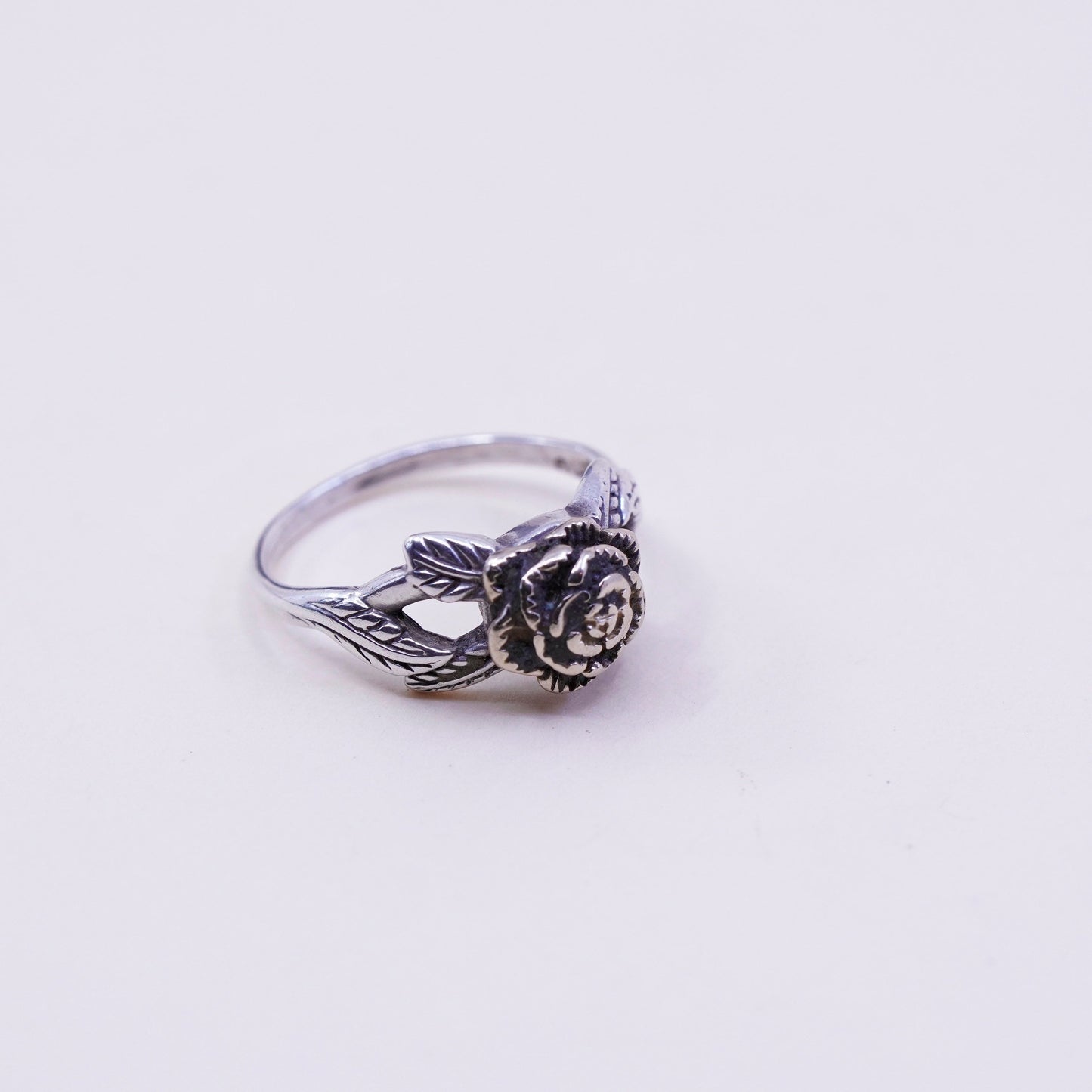 Size 7, vintage TT Sterling silver handmade ring, 925 leaves with brass rose