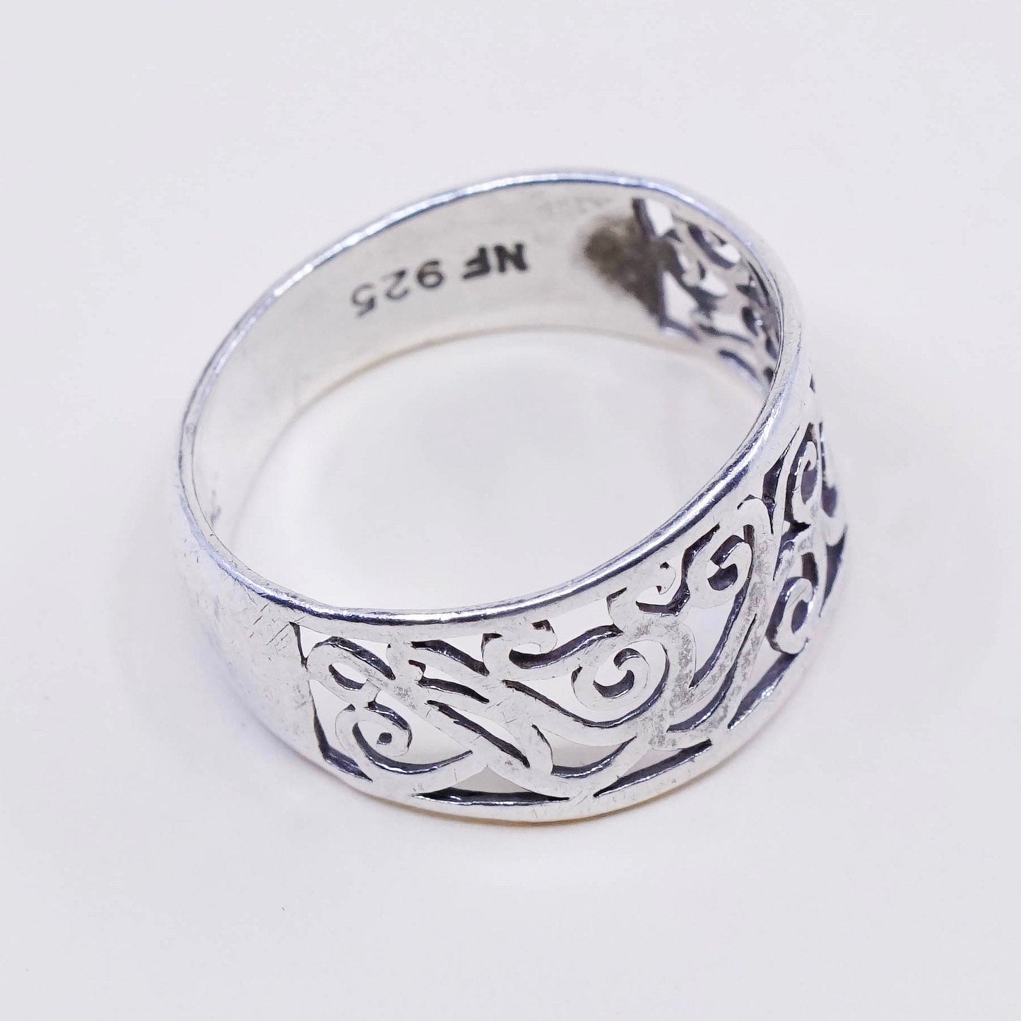 Size 7.25, vintage sterling silver handmade ring, 925 band with whirl filigree