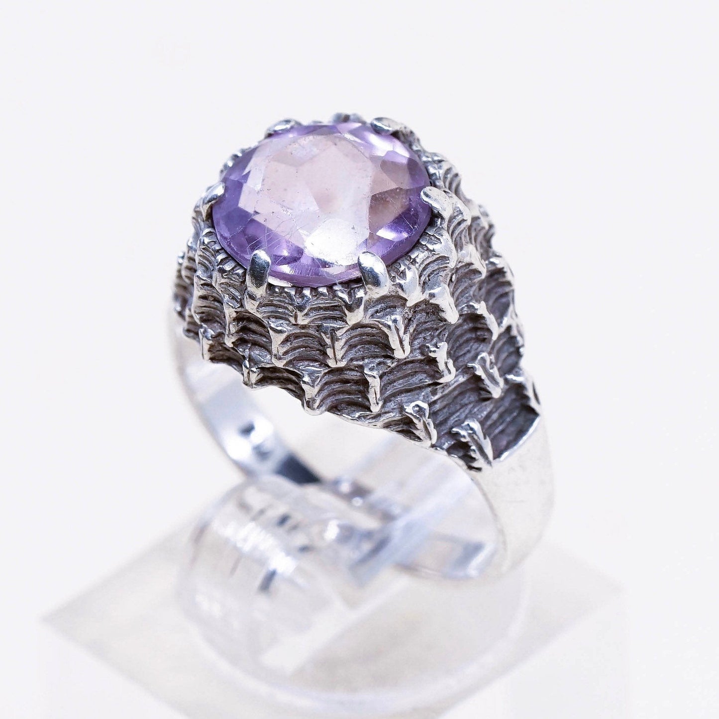 Size 6, vintage Sterling 925 silver handmade crown ring with amethyst