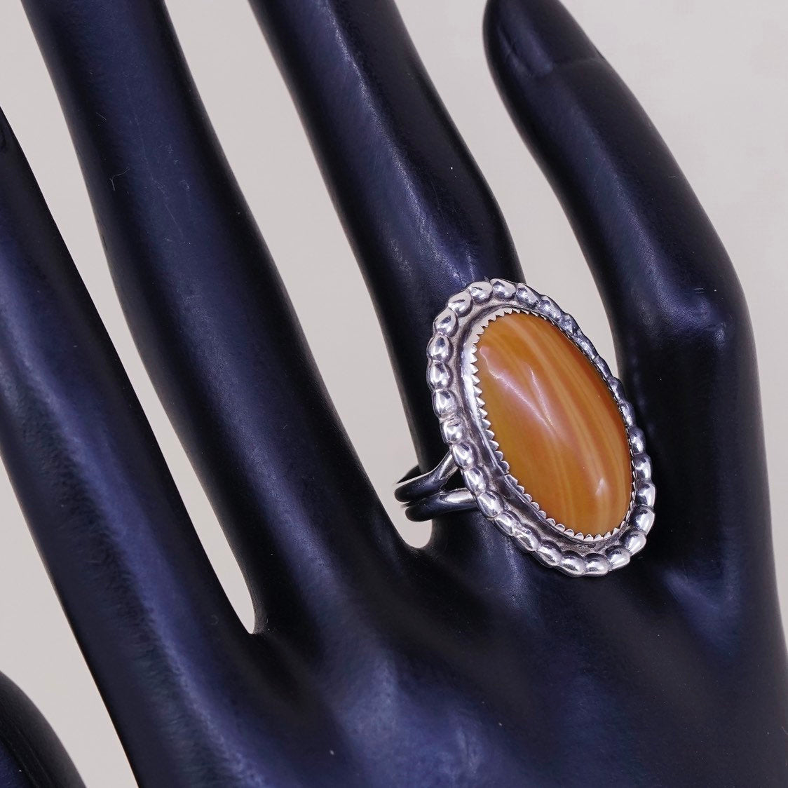 sz 7.25, vtg Southwestern sterling 925 handmade ring w/ orange agate and beads