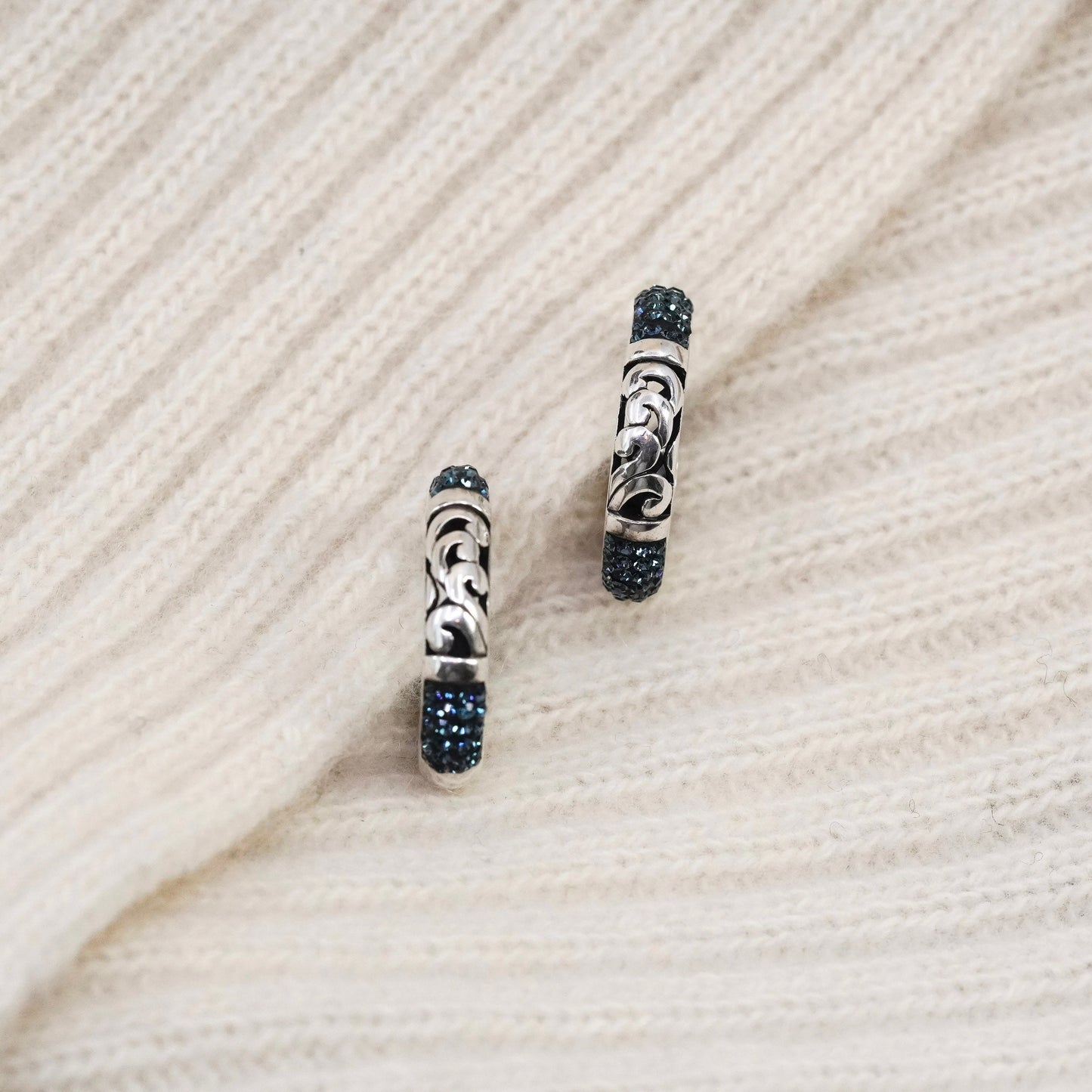 0.75”, Sterling silver handmade earrings, filigree 925 hoops Huggie crystal