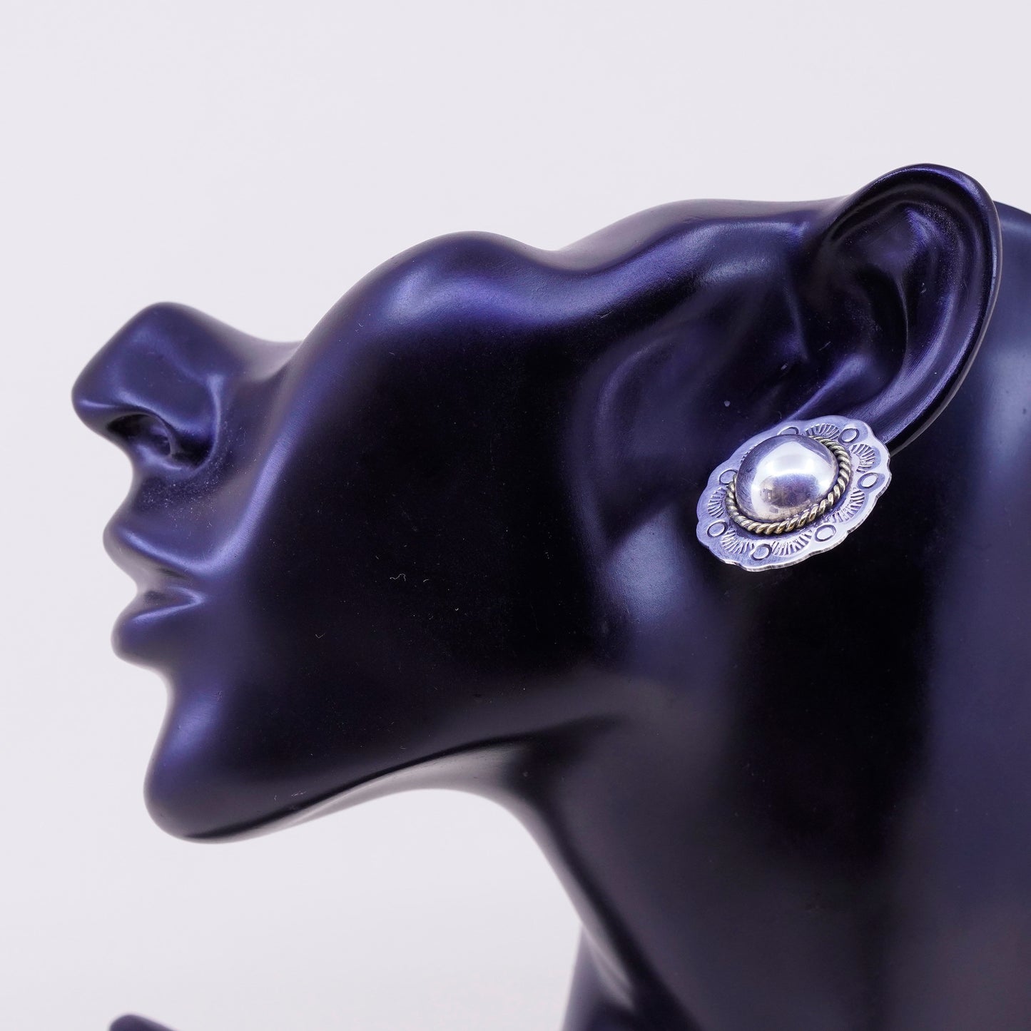 Vintage Mexico Sterling silver handmade earrings, 925 flower studs brass cable