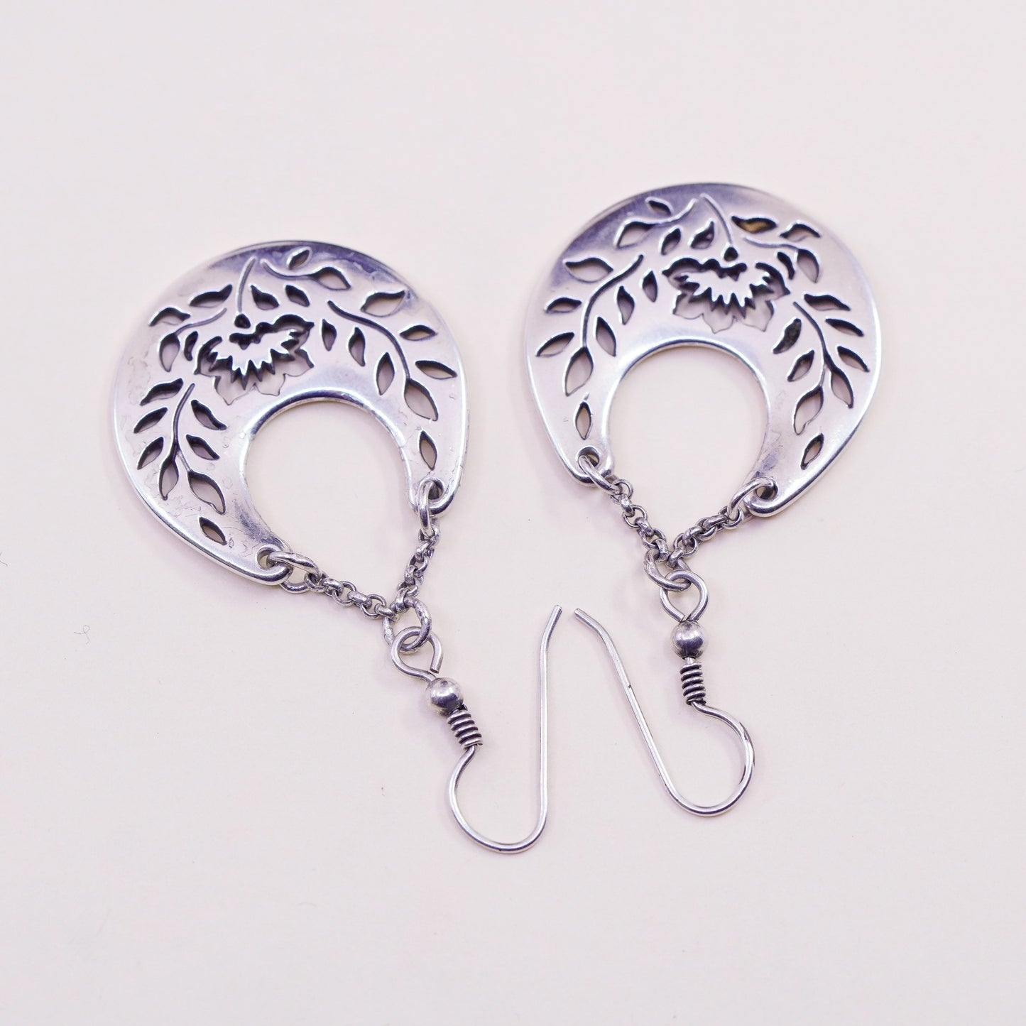 Vintage Sterling silver handmade earrings, 925 floral dangles