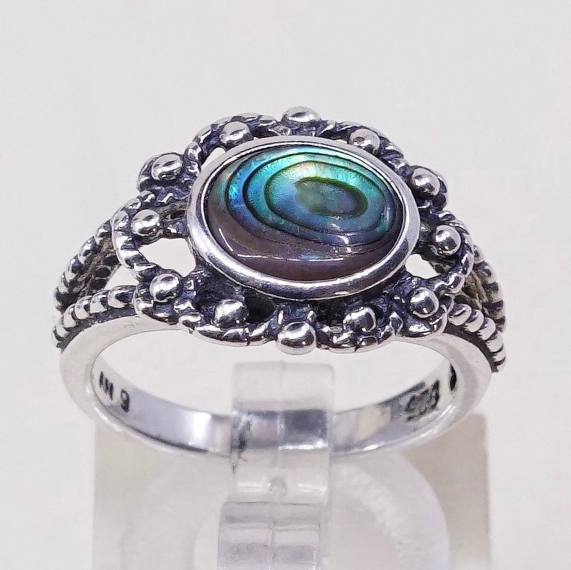sz 6, vtg sterling silver handmade ring, 925 w/ oval abalone nn beads