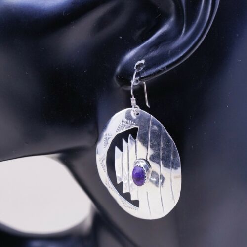 NAVAJO Native American handmade Sterling 925 Silver Huge Disc earrings W/ Purple