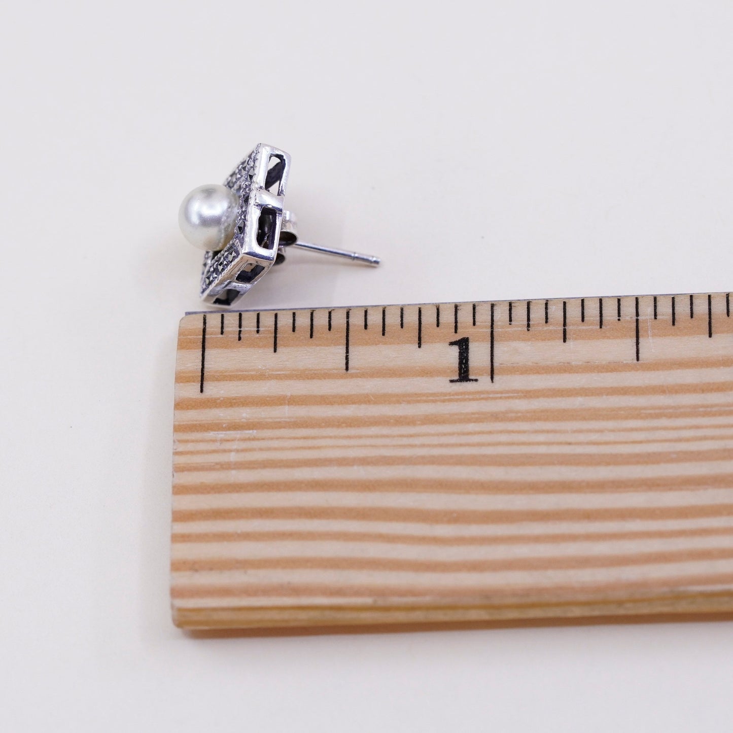 Vintage sterling silver earrings, 925 square studs with pearl and marcasite
