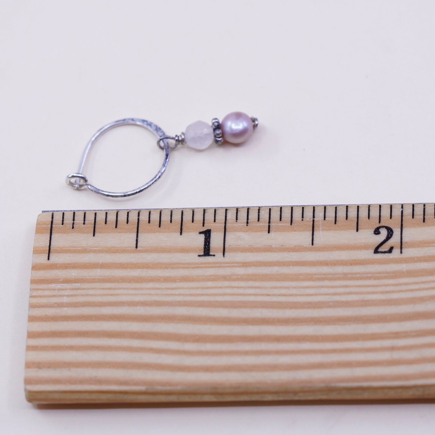 0.5”, Vintage sterling 925 silver earrings, minimalist primitive hoops with pink pearl and crystal, silver tested