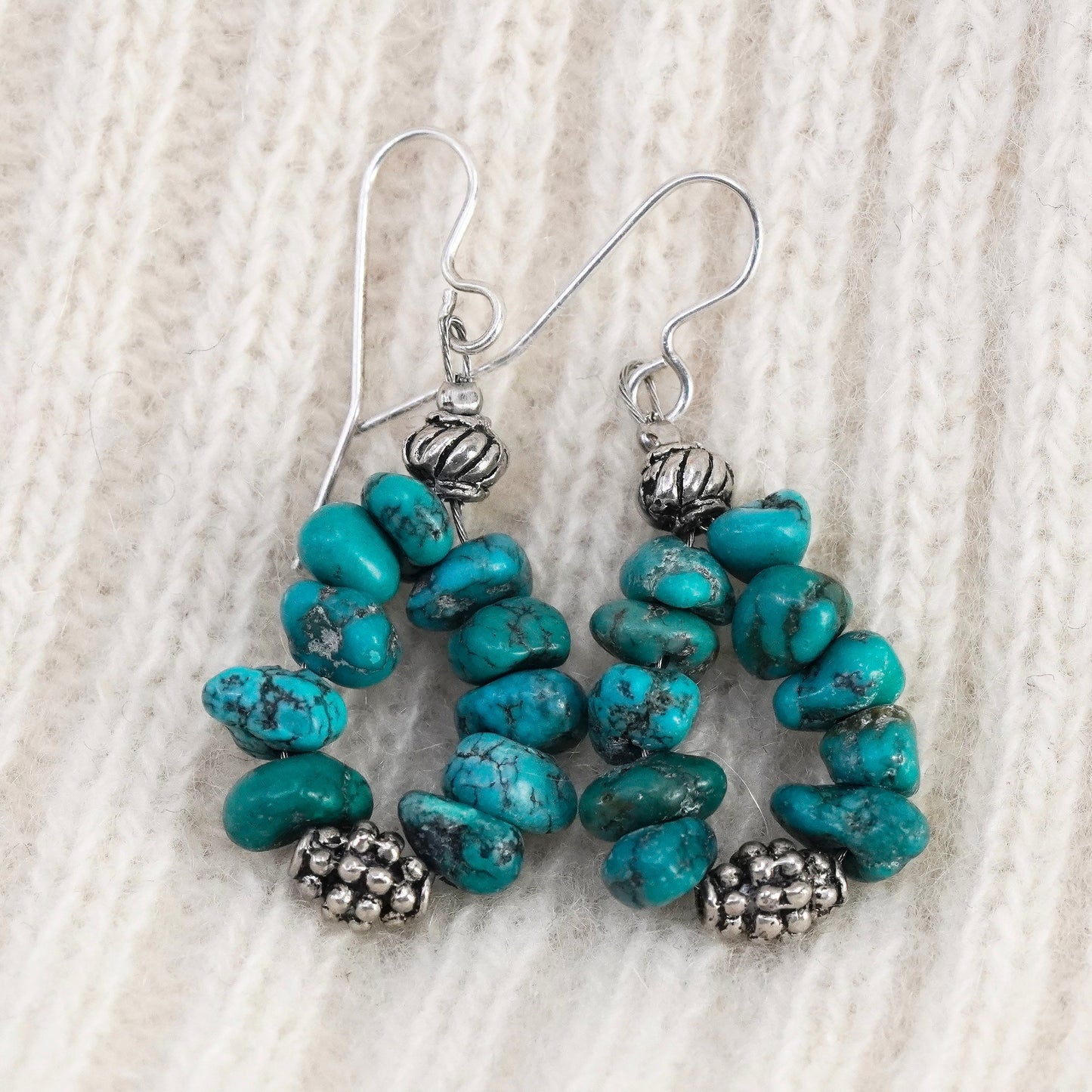 Vintage Sterling silver handmade earrings, 925 teardrop drops turquoise nugget