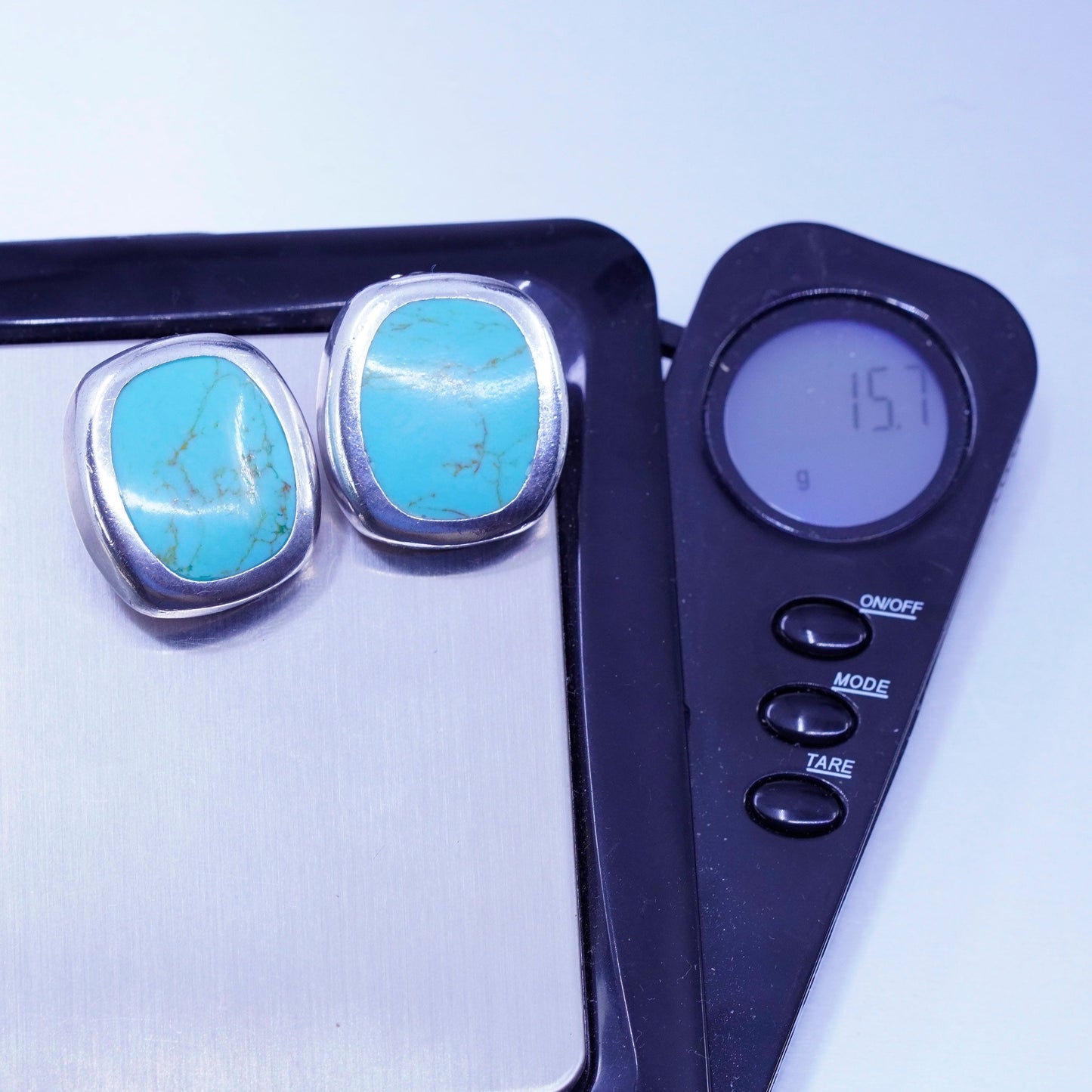 Mexico 925 silver handmade earrings, oval clip on with turquoise