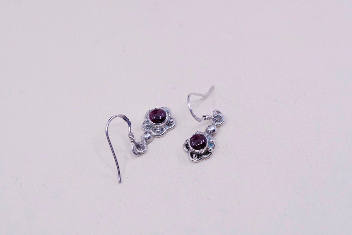 Vintage Sterling silver handmade earrings, 925 flower dangles with garnet beads