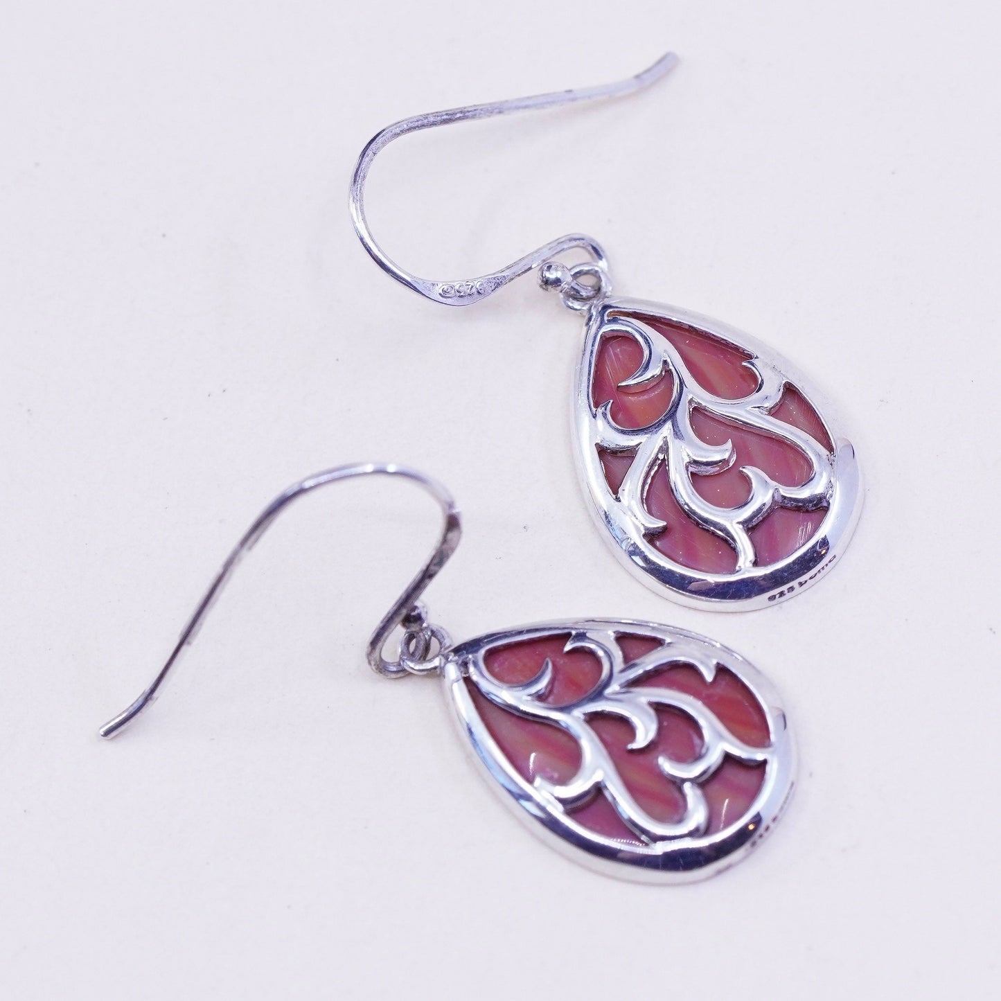 Vintage sterling 925 silver handmade teardrop earrings with agate inlay
