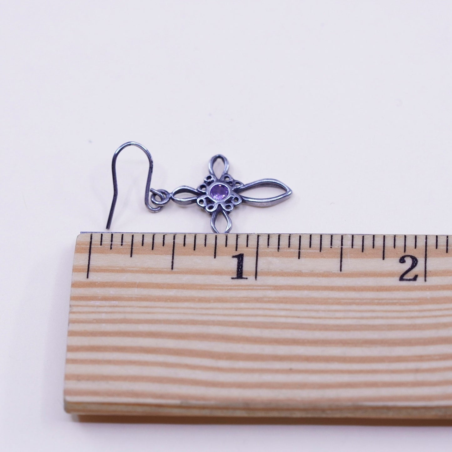 Vintage Sterling 925 silver earrings, filigree cross with amethyst