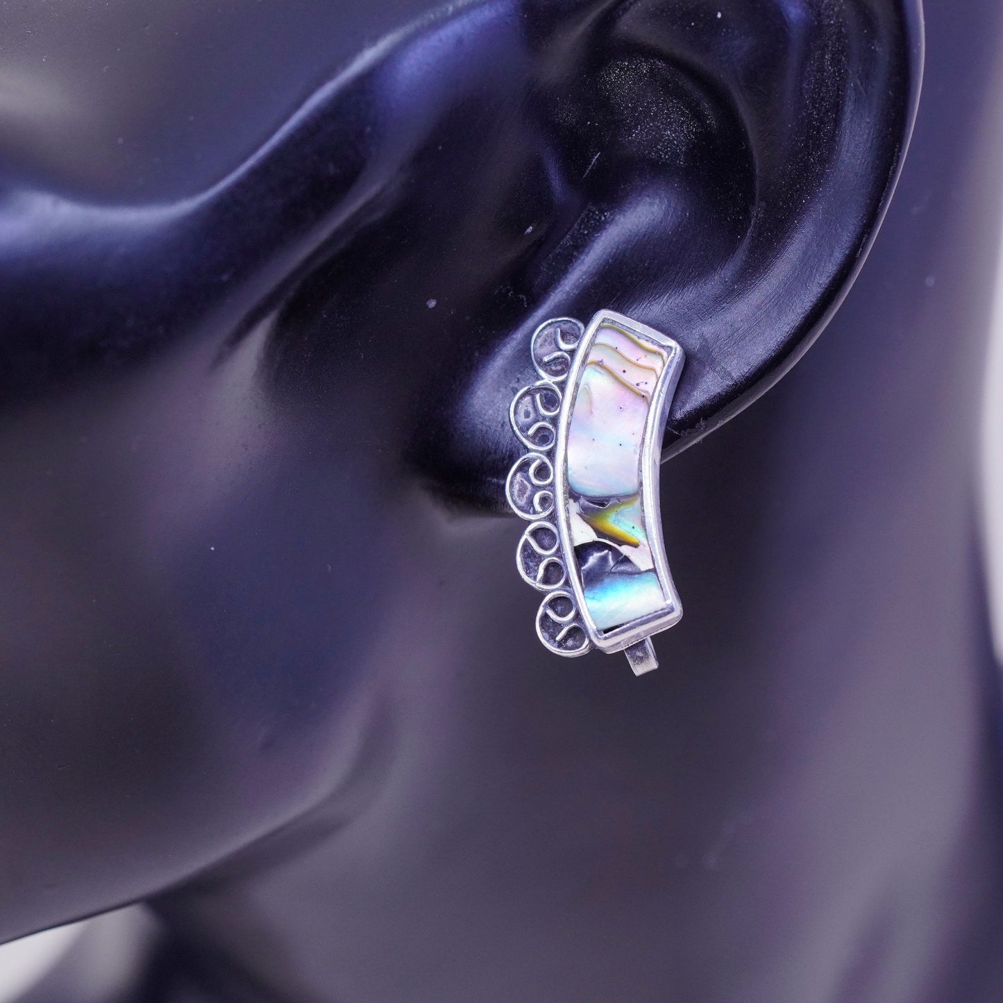 Vintage sterling 925 silver handmade screw back earrings with abalone, stamped silver mexico 20