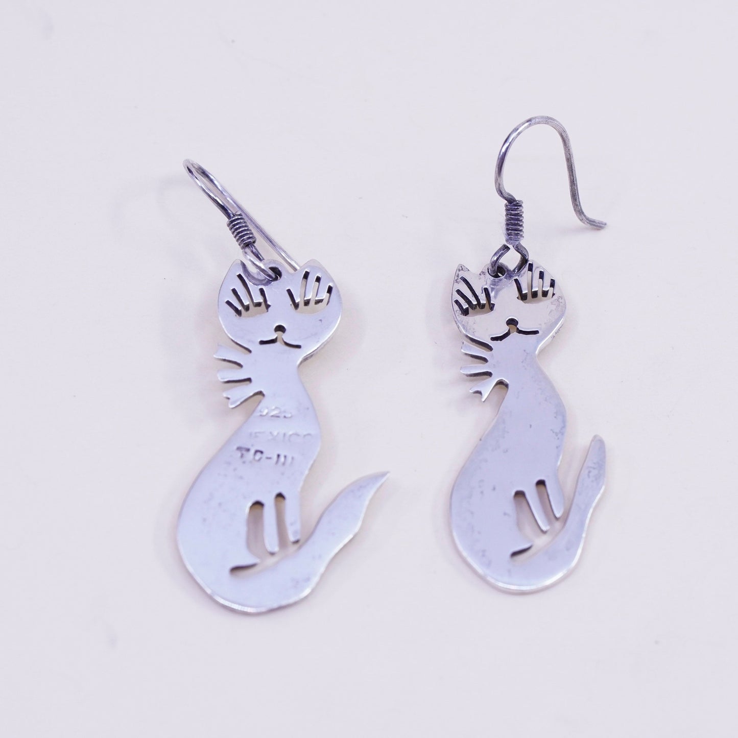 Vintage Sterling silver handmade earrings, Mexico 925 cat dangles