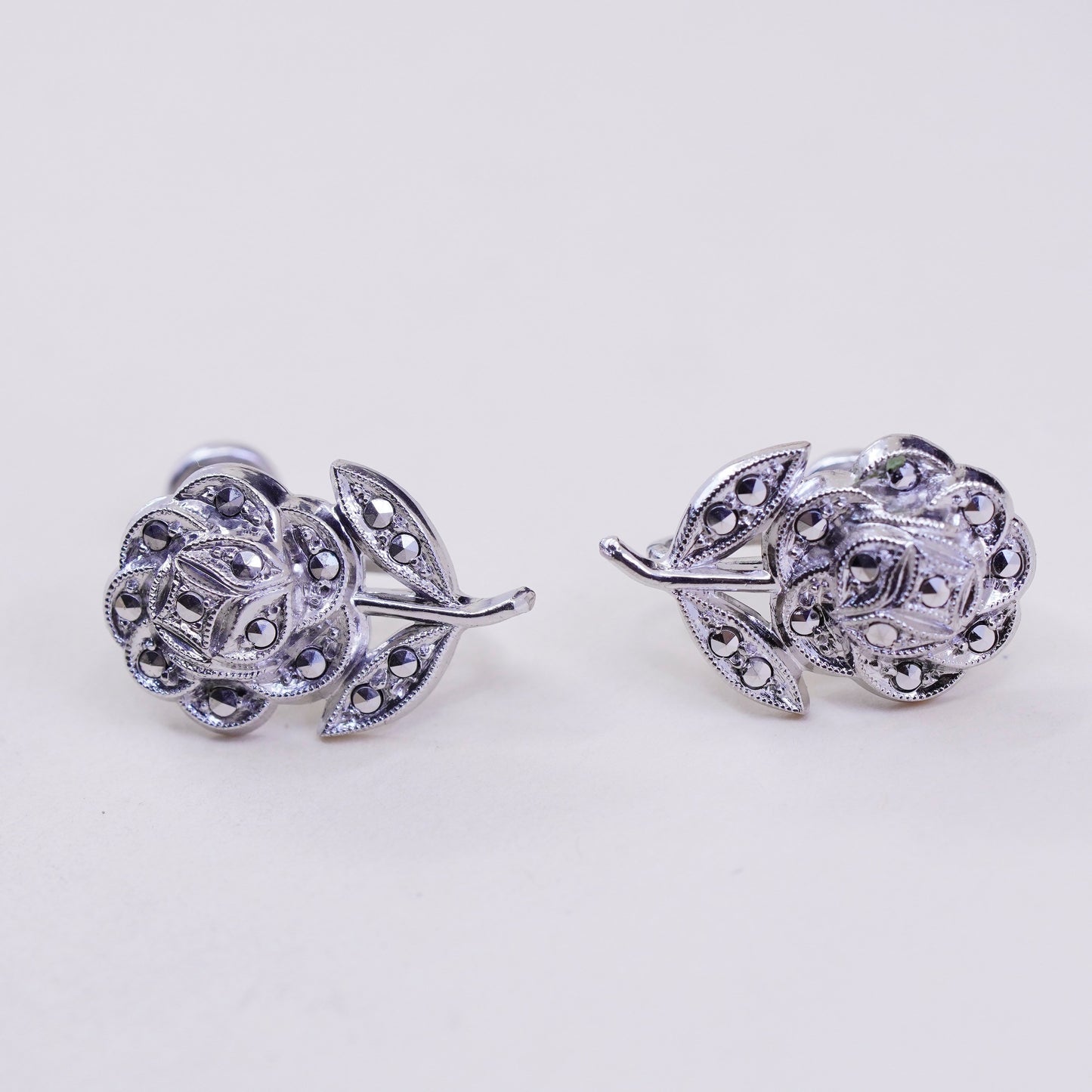 Sterling silver handmade earrings, 925 screw back rose flower with Marcasite
