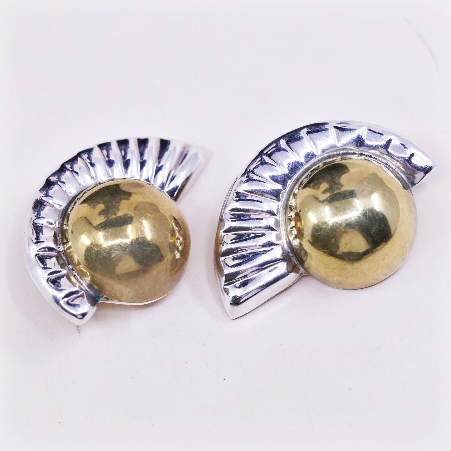 two tone Sterling silver w/ brass ribbed earrings, taxco 925 wavy clip on
