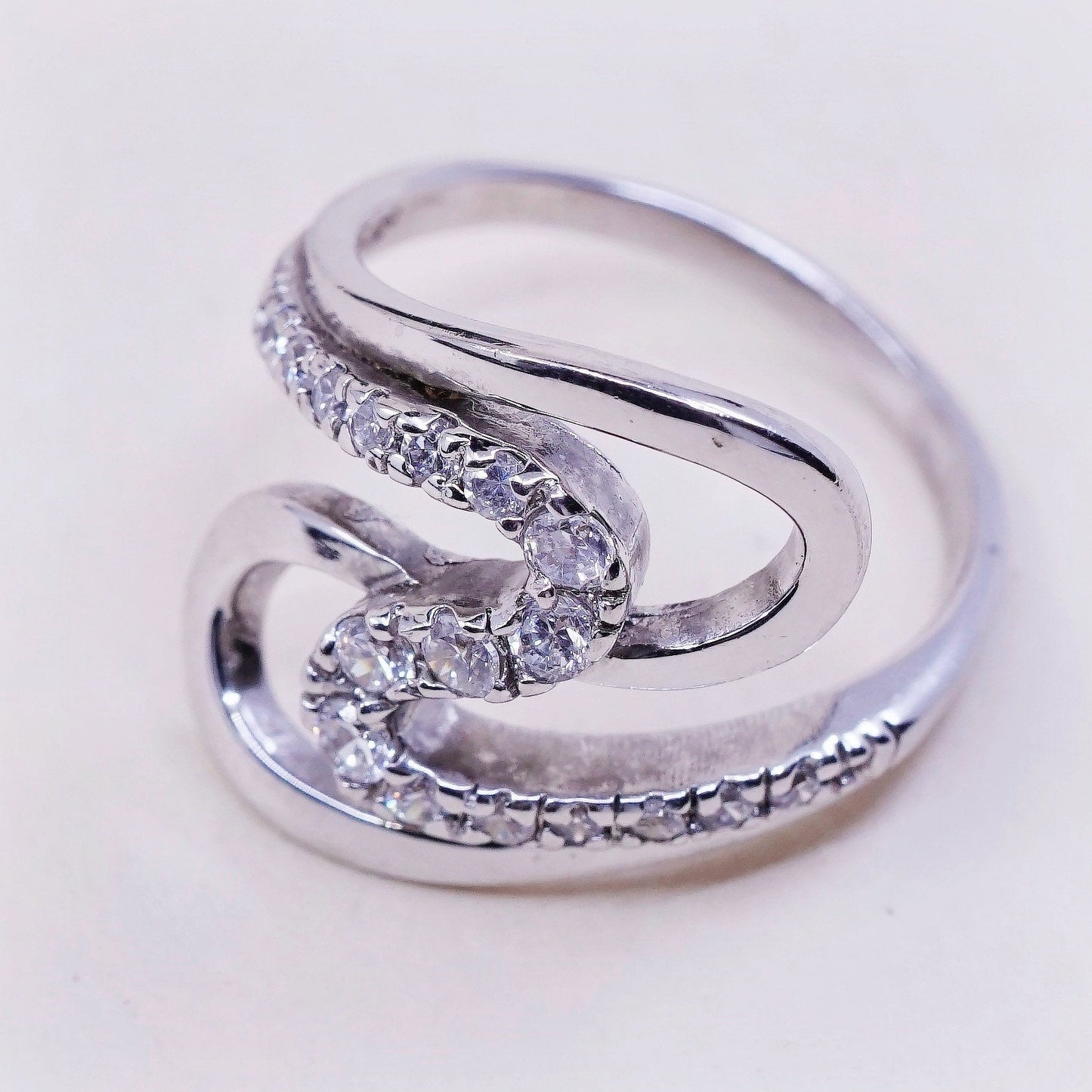 Size 7.25, Vintage sterling silver handmade wavy ring, engagement ring with cz