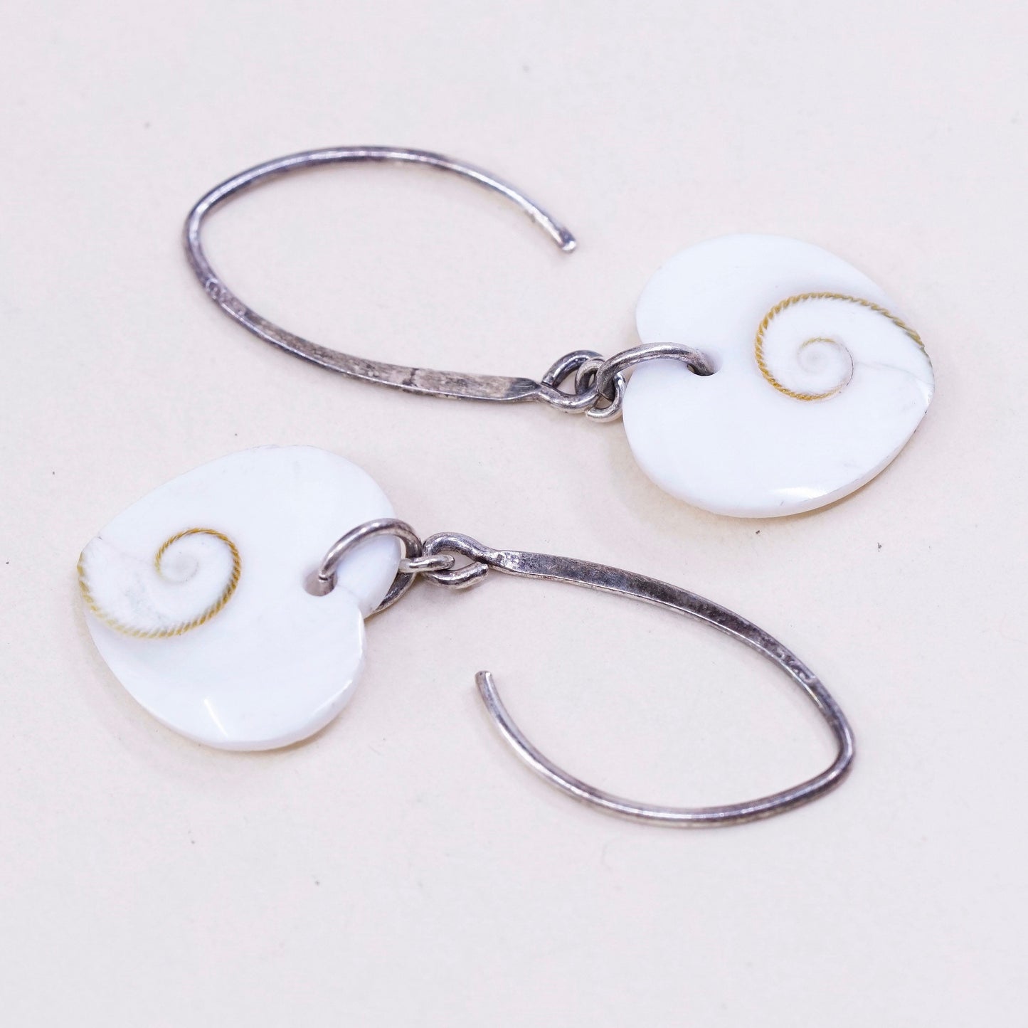 Vintage sterling silver handmade earrings, 925 with heart shell dangles