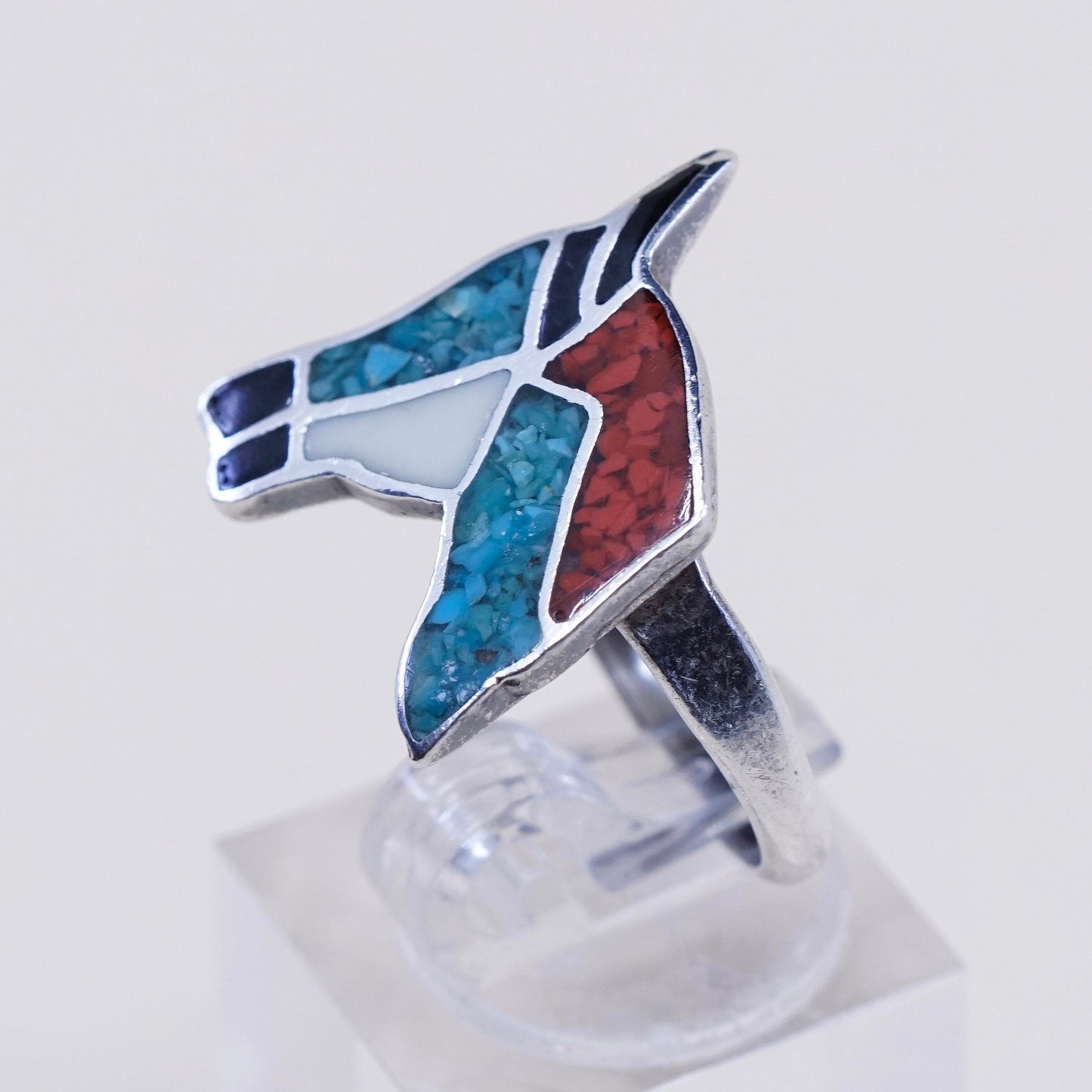 sz 7.5, vtg natives American Sterling silver ring, 925 horse w/ turquoise coral