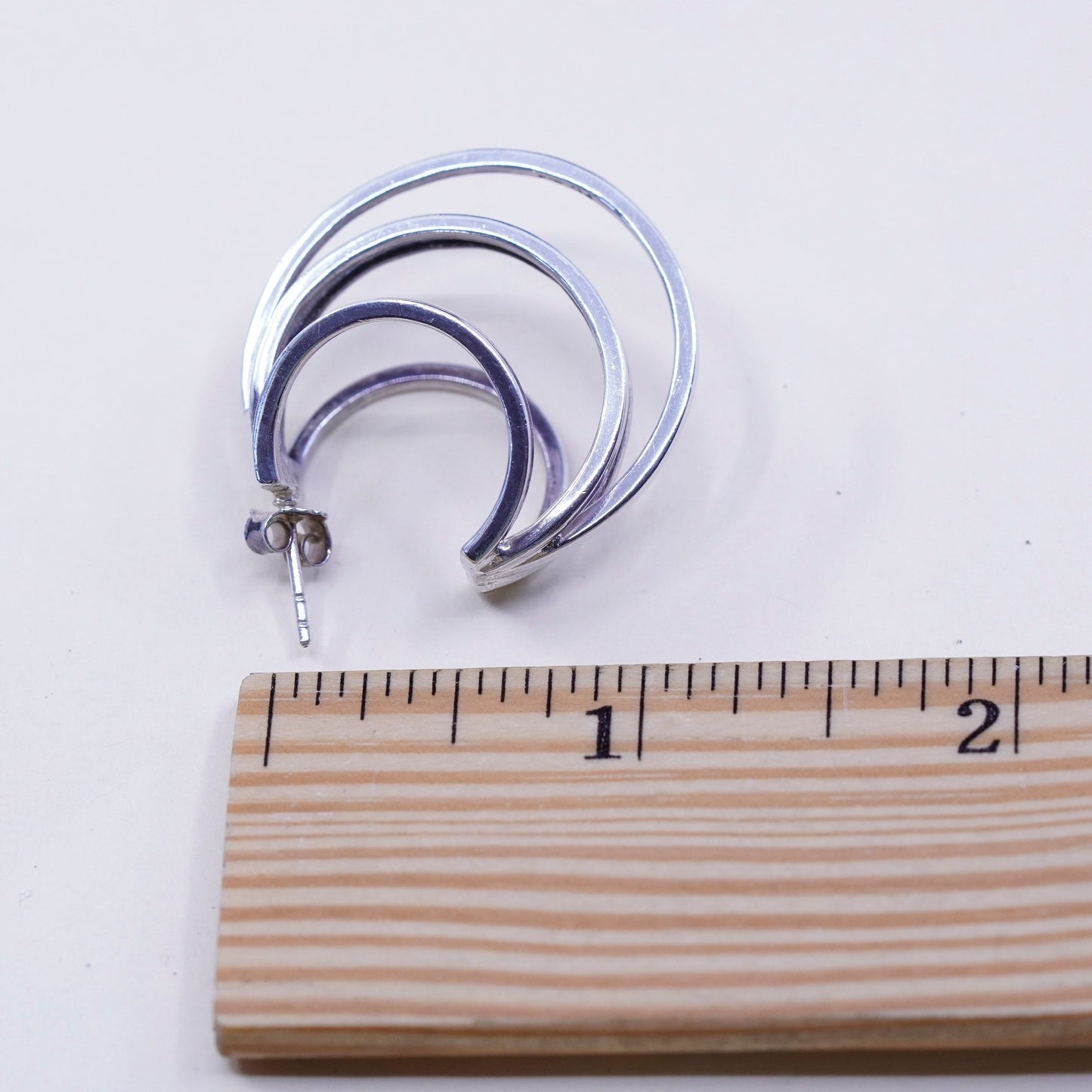 1.25”, Vintage Sterling silver handmade earrings, moon shaped 925 Huggie hoops