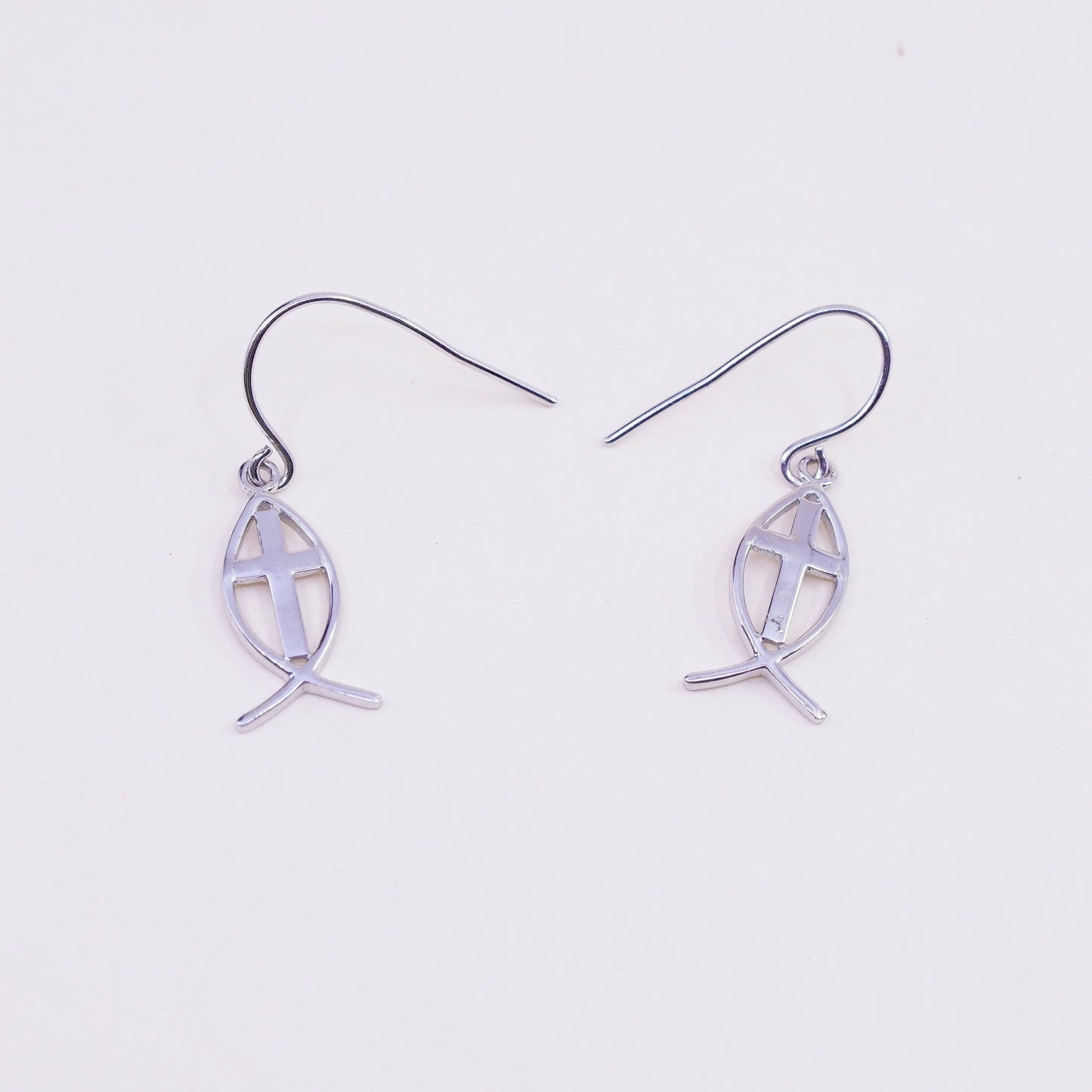 Vintage sterling silver handmade modern earrings, 925 fish with cross