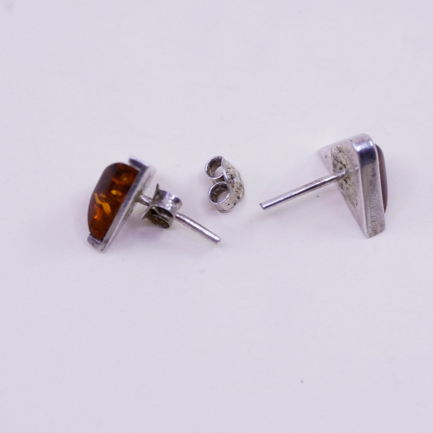 Sterling 925 silver handmade earrings triangular Amber studs, southwestern