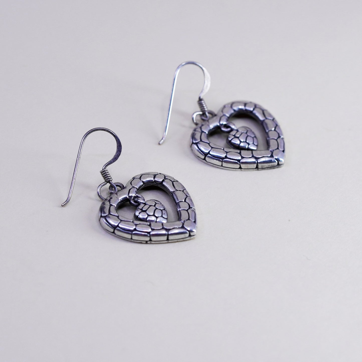 Vintage sterling silver handmade earrings, textured 925 heart dangles
