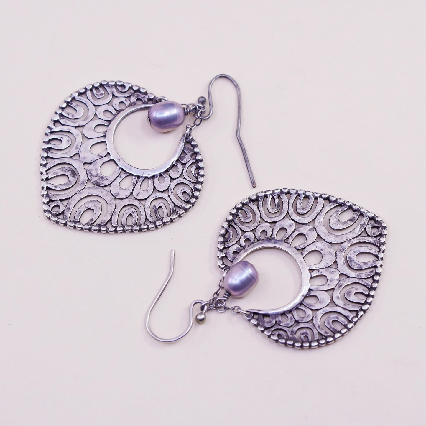 Indonesia Sterling silver handmade earrings, 925 filigree teardrop pearl beads