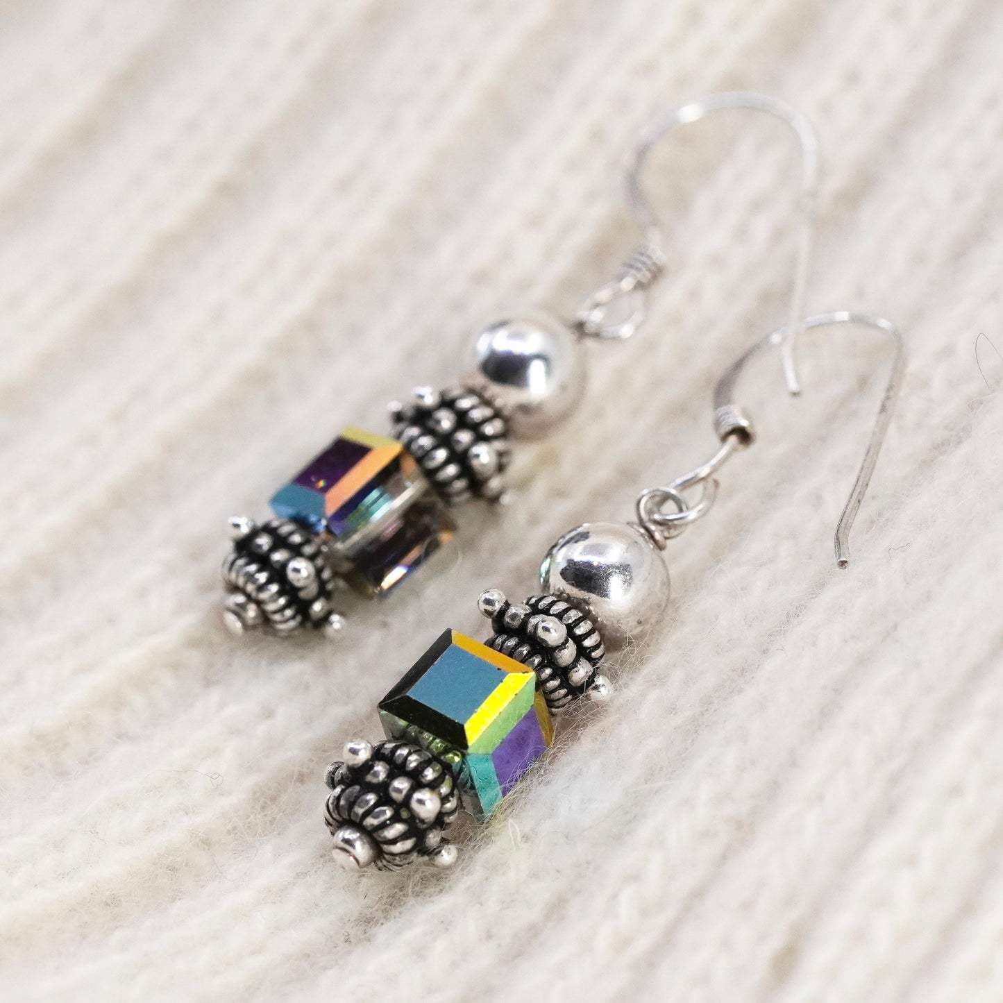 Vintage Sterling 925 silver handmade earrings, with crystal cube