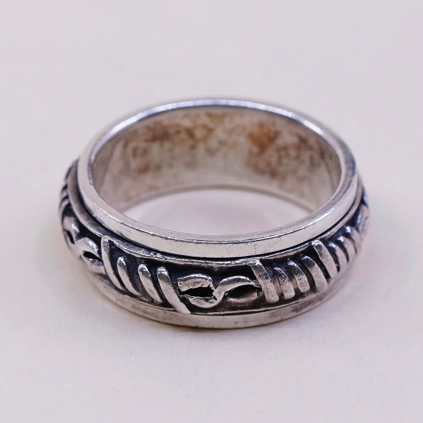sz 10, vtg sterling silver handmade ring, 925 spinner roller band w/ cable