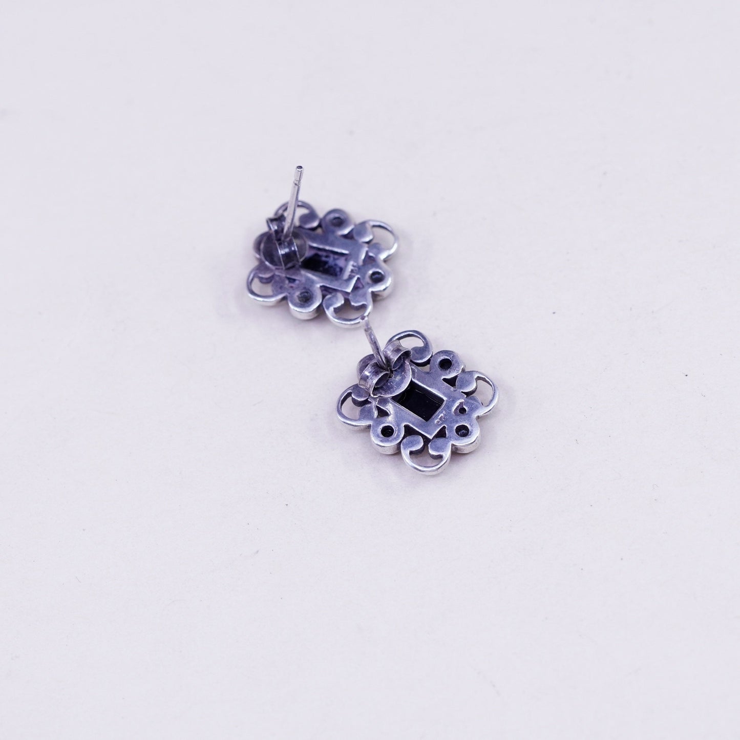 Vintage sterling silver handmade earrings, 925 studs with obsidian
