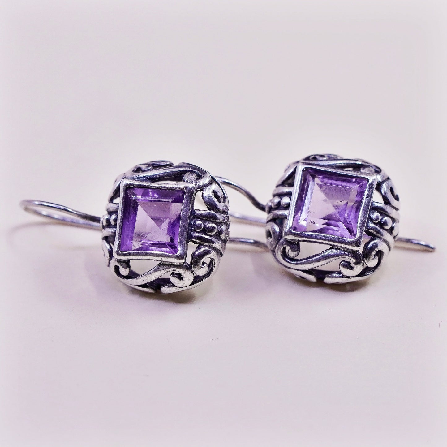 Vintage sterling silver handmade earrings, 925 filigree drops with amethyst