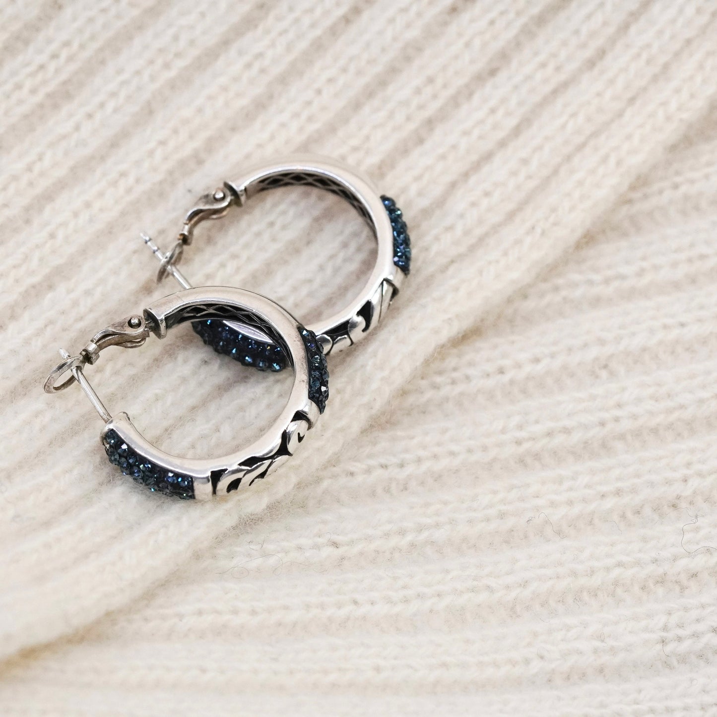 0.75”, Sterling silver handmade earrings, filigree 925 hoops Huggie crystal