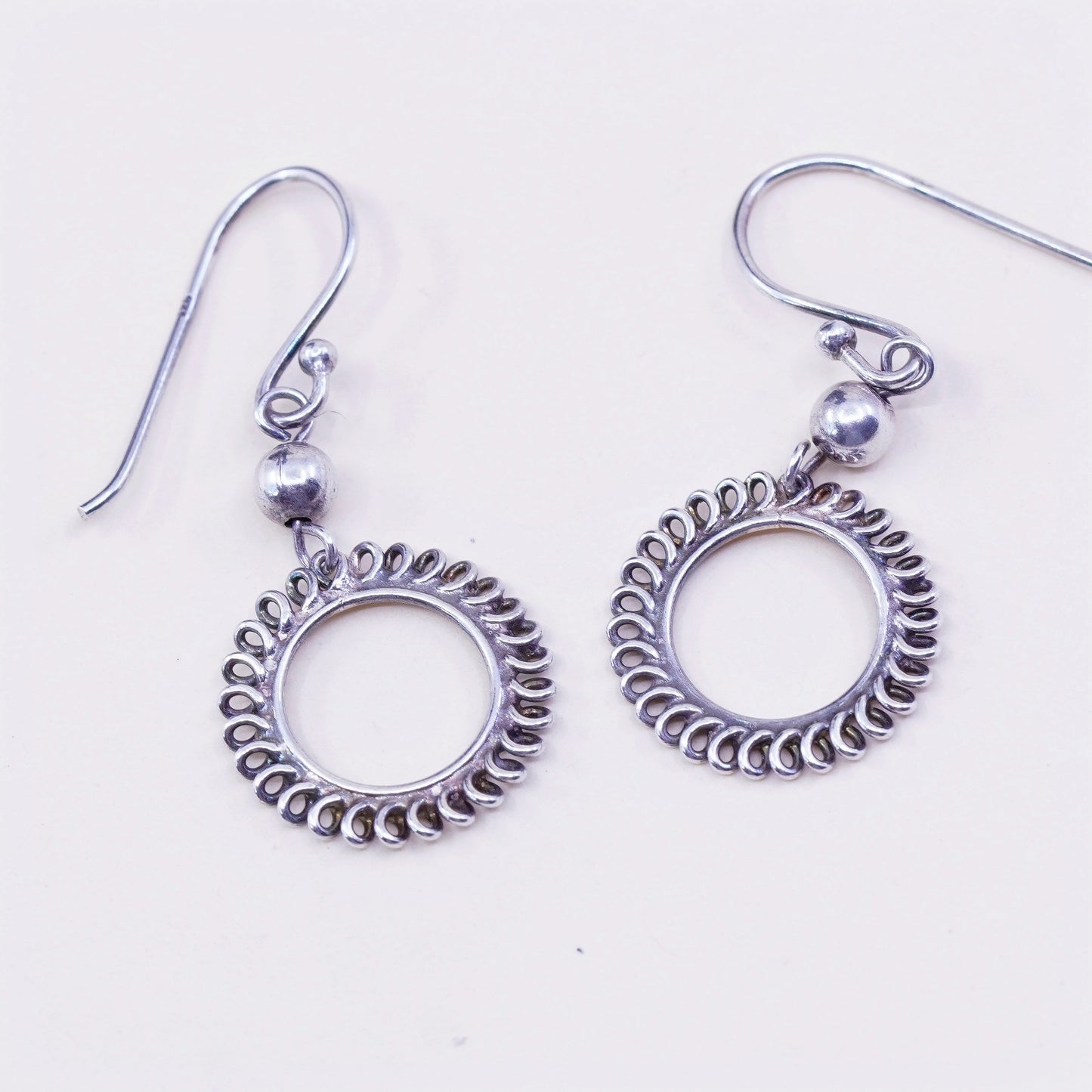 Vintage sterling silver handmade earrings, 925 textured circles dangle