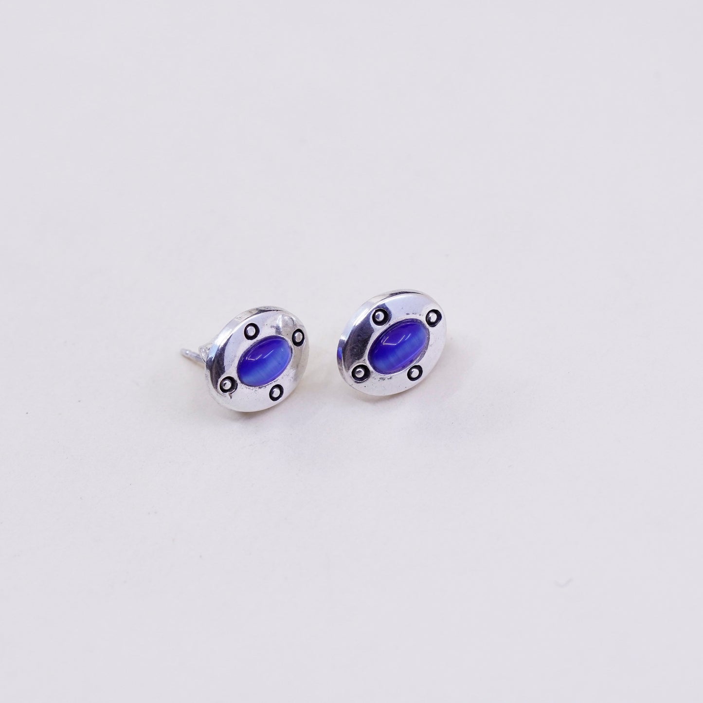 sterling silver handmade earrings, 925 studs with oval shaped blue cats eye